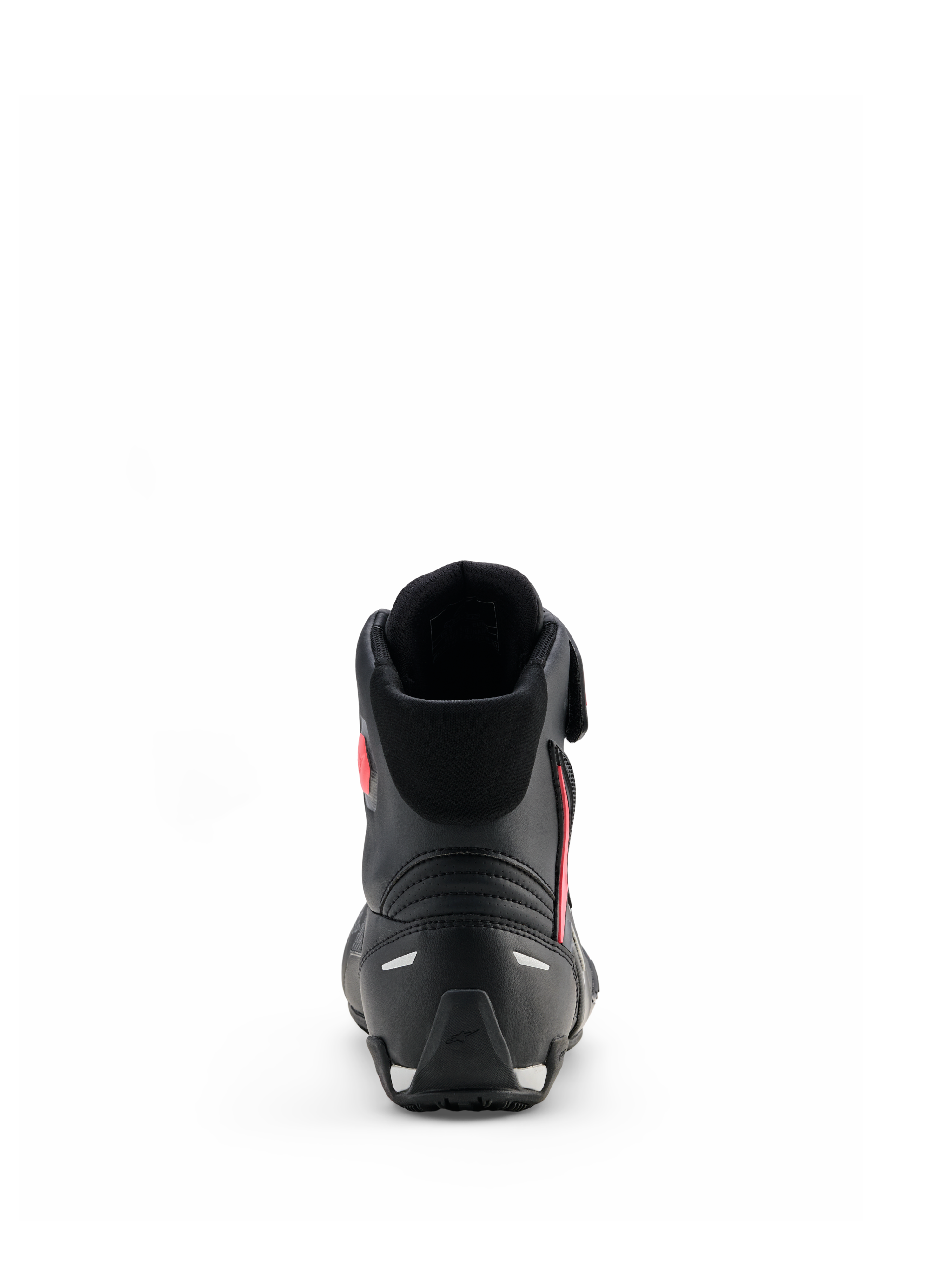 Buty damskie Alpinestars Stella Faster-4 Drystar®, Black Gray Coral Fluo, widok z tyłu ukazujący wsparcie pięty i odblaskowe akcenty, wodoodporne buty motocyklowe o sportowym designie dla kobiet