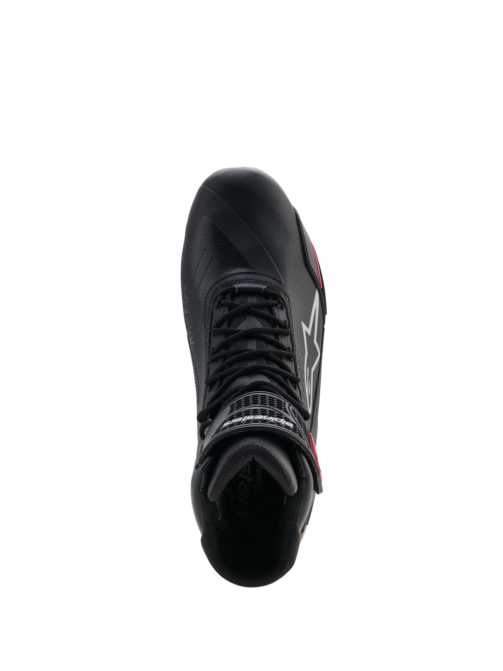 Damskie buty Alpinestars Stella Faster-4 Drystar®, buty motocyklowe, czarne, szare i koralowe fluo, widok z góry pokazujący system sznurowania i pasek na rzep przy kostce, smukła konstrukcja z mikrofibry z wodoodporną technologią Drystar®