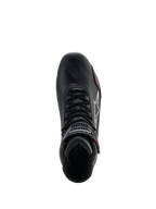 Damskie buty Alpinestars Stella Faster-4 Drystar®, buty motocyklowe, czarne, szare i koralowe fluo, widok z góry pokazujący system sznurowania i pasek na rzep przy kostce, smukła konstrukcja z mikrofibry z wodoodporną technologią Drystar®