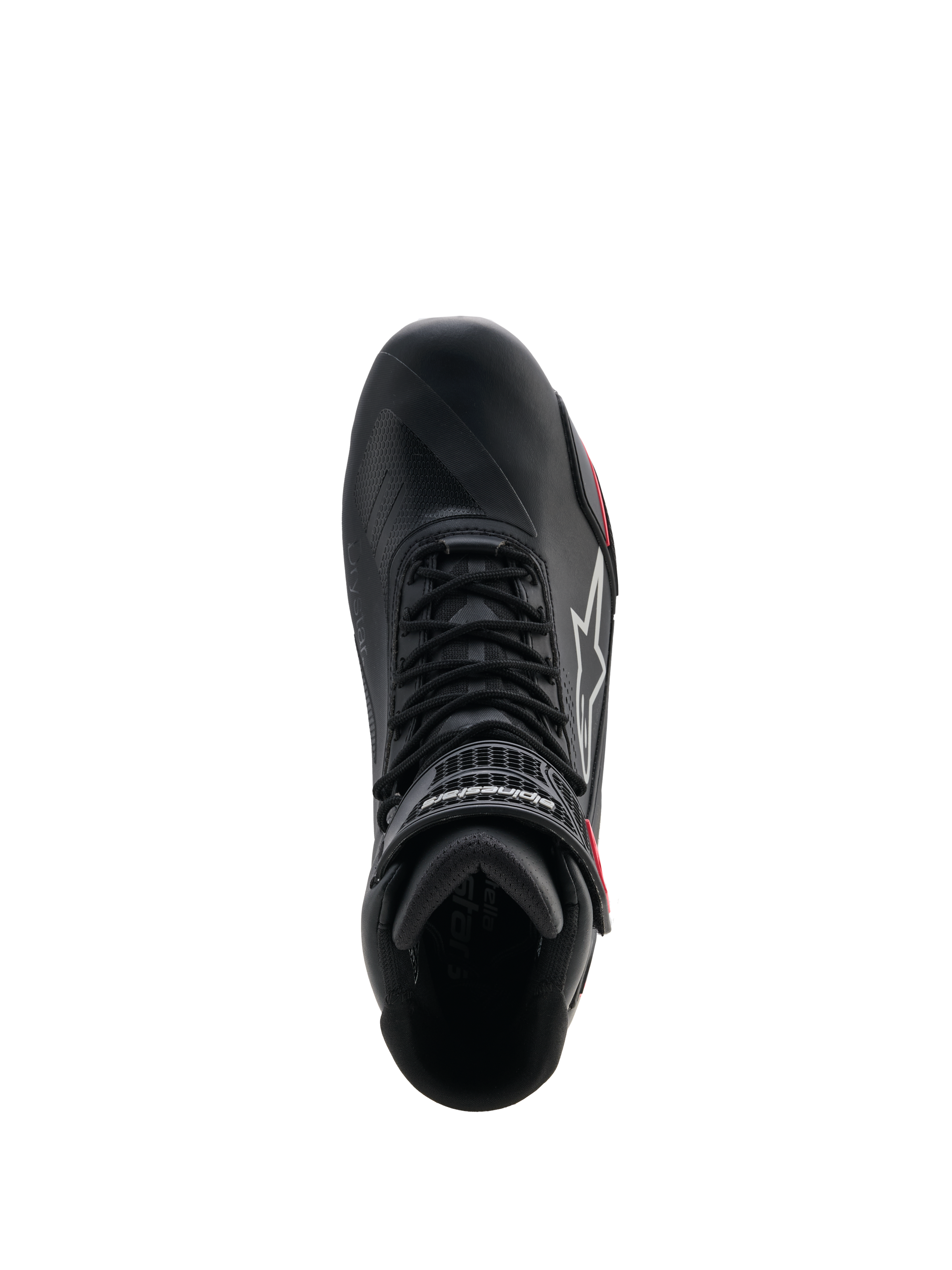 Damskie buty Alpinestars Stella Faster-4 Drystar®, buty motocyklowe, czarne, szare i koralowe fluo, widok z góry pokazujący system sznurowania i pasek na rzep przy kostce, smukła konstrukcja z mikrofibry z wodoodporną technologią Drystar®