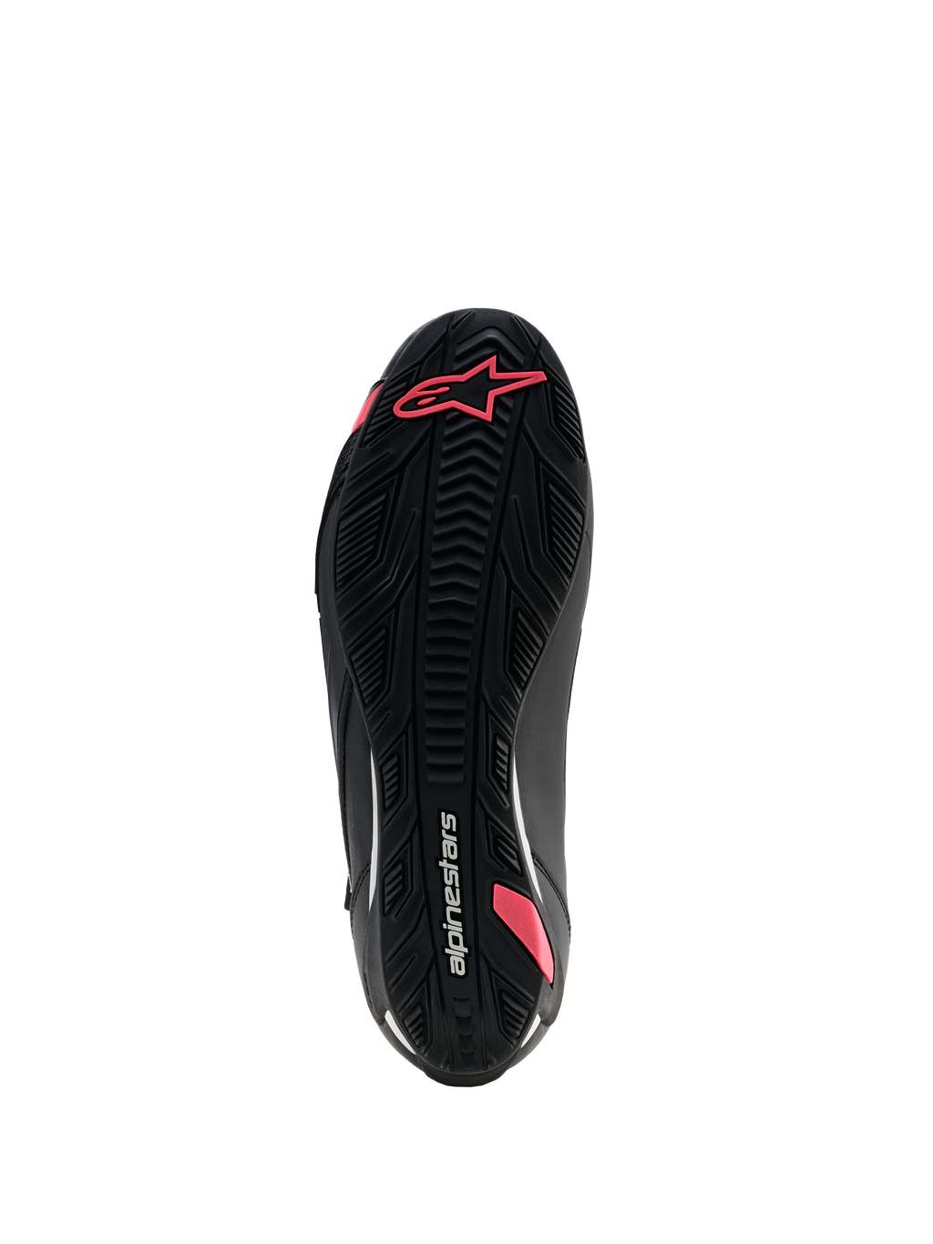 Buty Alpinestars Stella Faster-4 Drystar®, damskie buty motocyklowe, czarne i koralowe fluo, widok od dołu na teksturowaną gumową podeszwę z wzorem bieżnika, logo Astars i brandingiem Alpinestars