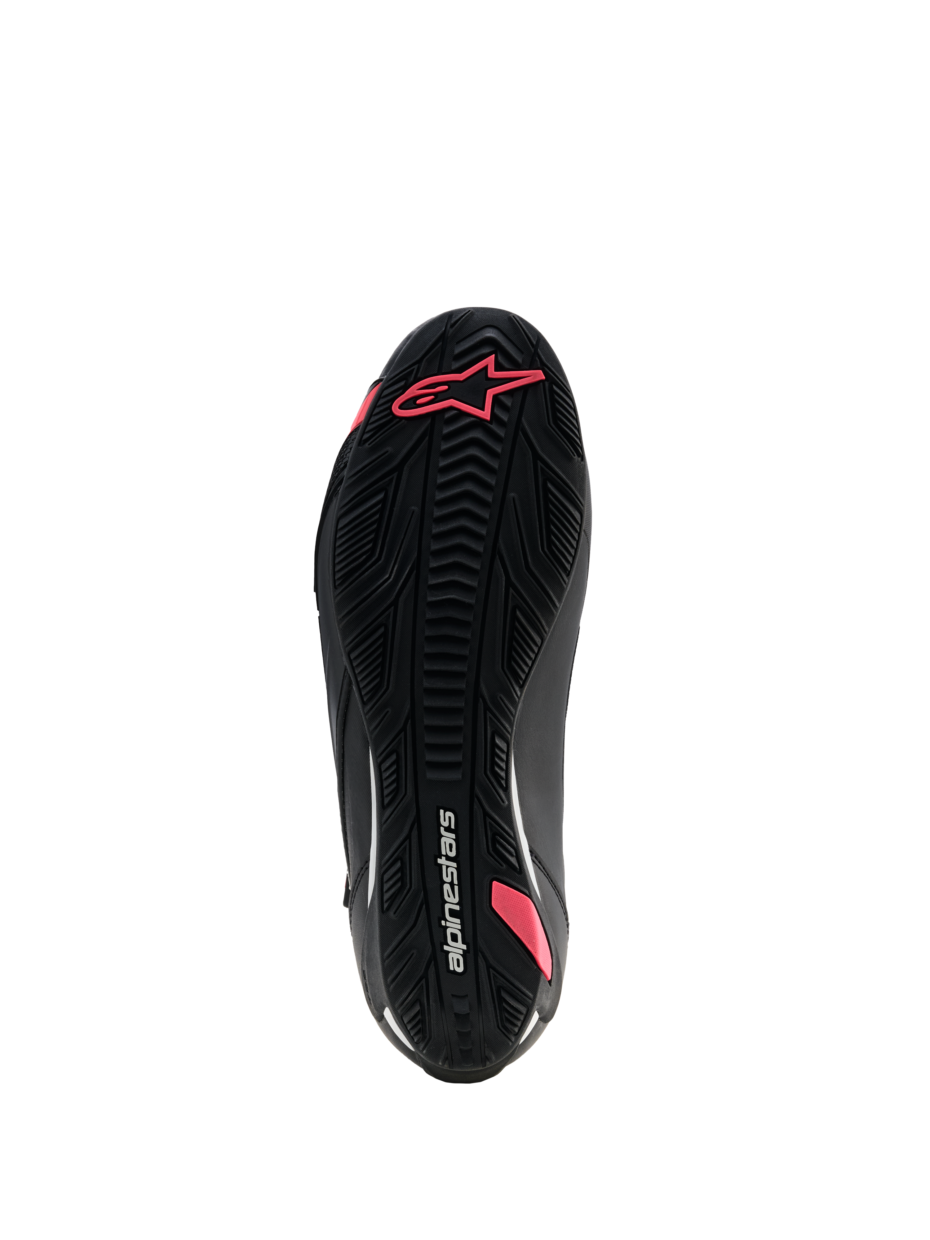 Buty Alpinestars Stella Faster-4 Drystar®, damskie buty motocyklowe, czarne i koralowe fluo, widok od dołu na teksturowaną gumową podeszwę z wzorem bieżnika, logo Astars i brandingiem Alpinestars