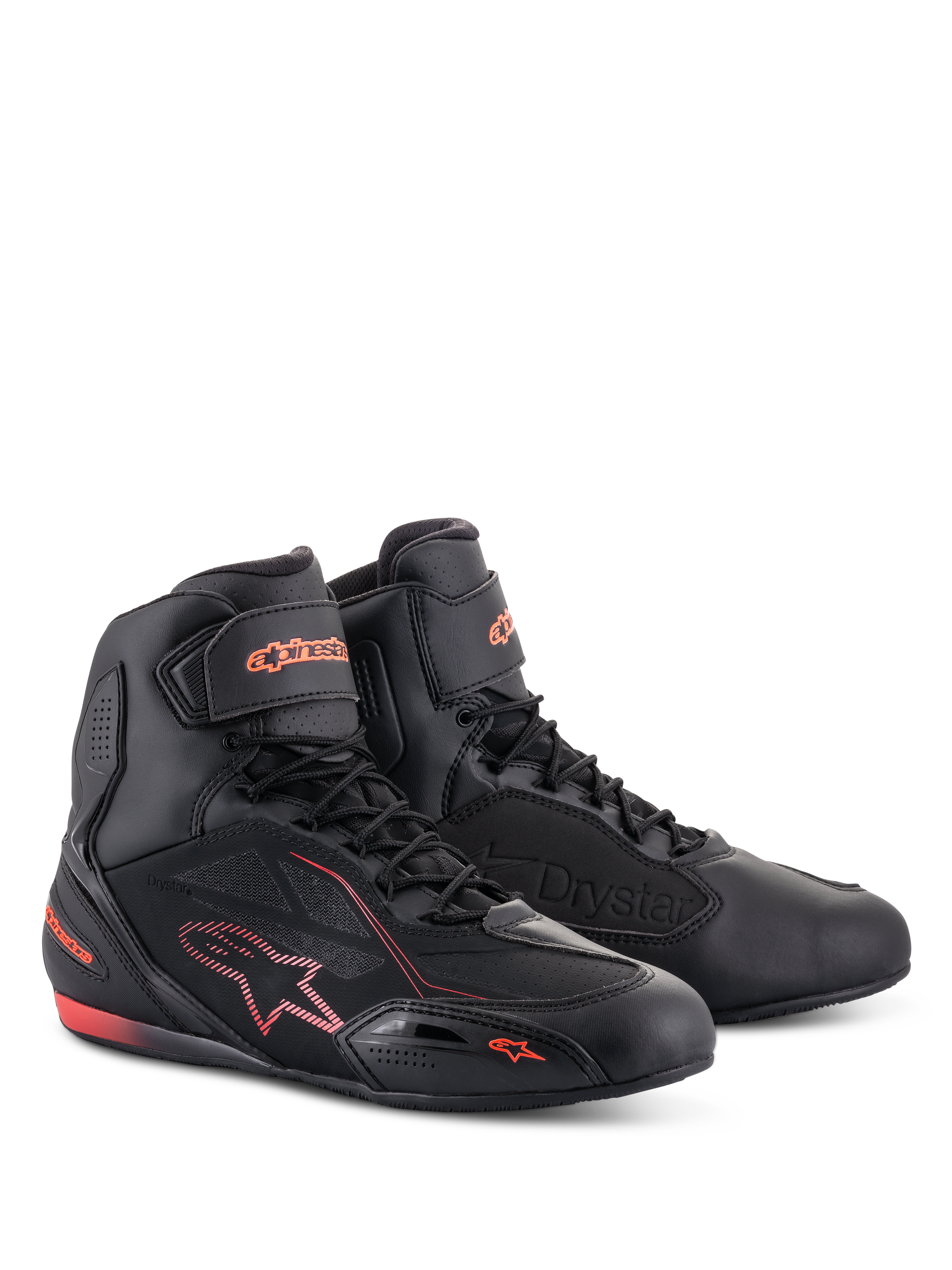 Alpinestars Faster-3 Drystar® Shoes, buty motocyklowe, czarne i czerwone fluo, wysoki profil ze sznurowanym zapięciem i paskiem na kostce, konstrukcja z mikrowłókna z fluorescencyjnym czerwonym logo i akcentami.
