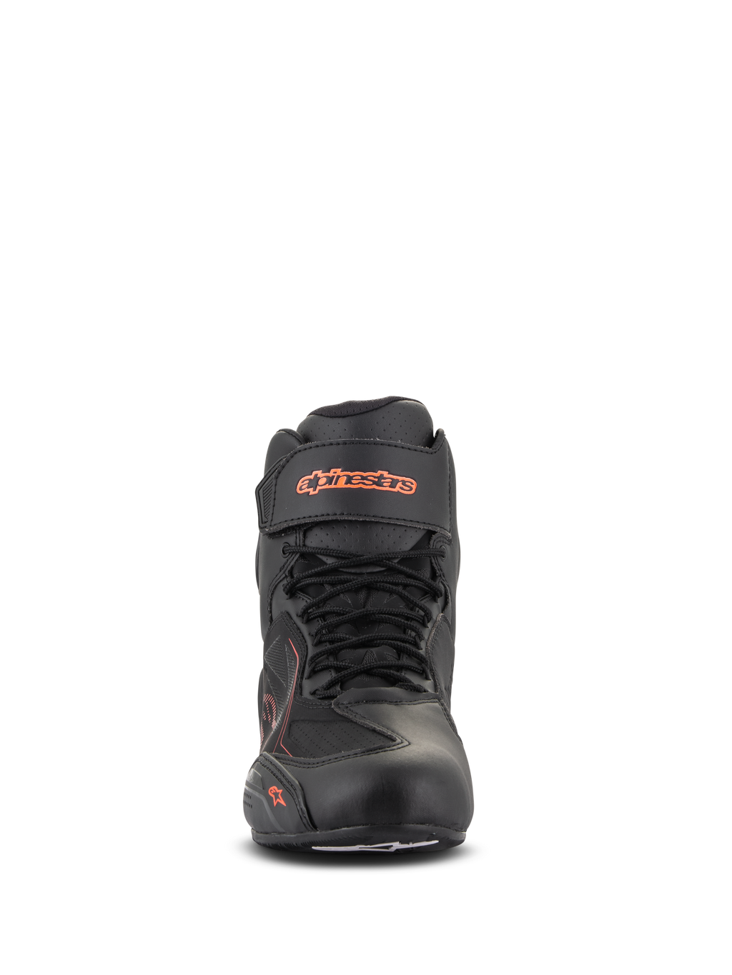 Buty Alpinestars Faster-3 Drystar®, czarno-czerwone fluo, widok z przodu, wodoodporne buty motocyklowe z konstrukcją z mikrowłókna, sznurowane z paskiem na rzep przy kostce, fluorescencyjne logo