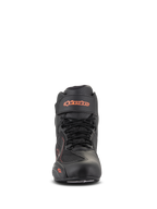 Buty Alpinestars Faster-3 Drystar®, czarno-czerwone fluo, widok z przodu, wodoodporne buty motocyklowe z konstrukcją z mikrowłókna, sznurowane z paskiem na rzep przy kostce, fluorescencyjne logo