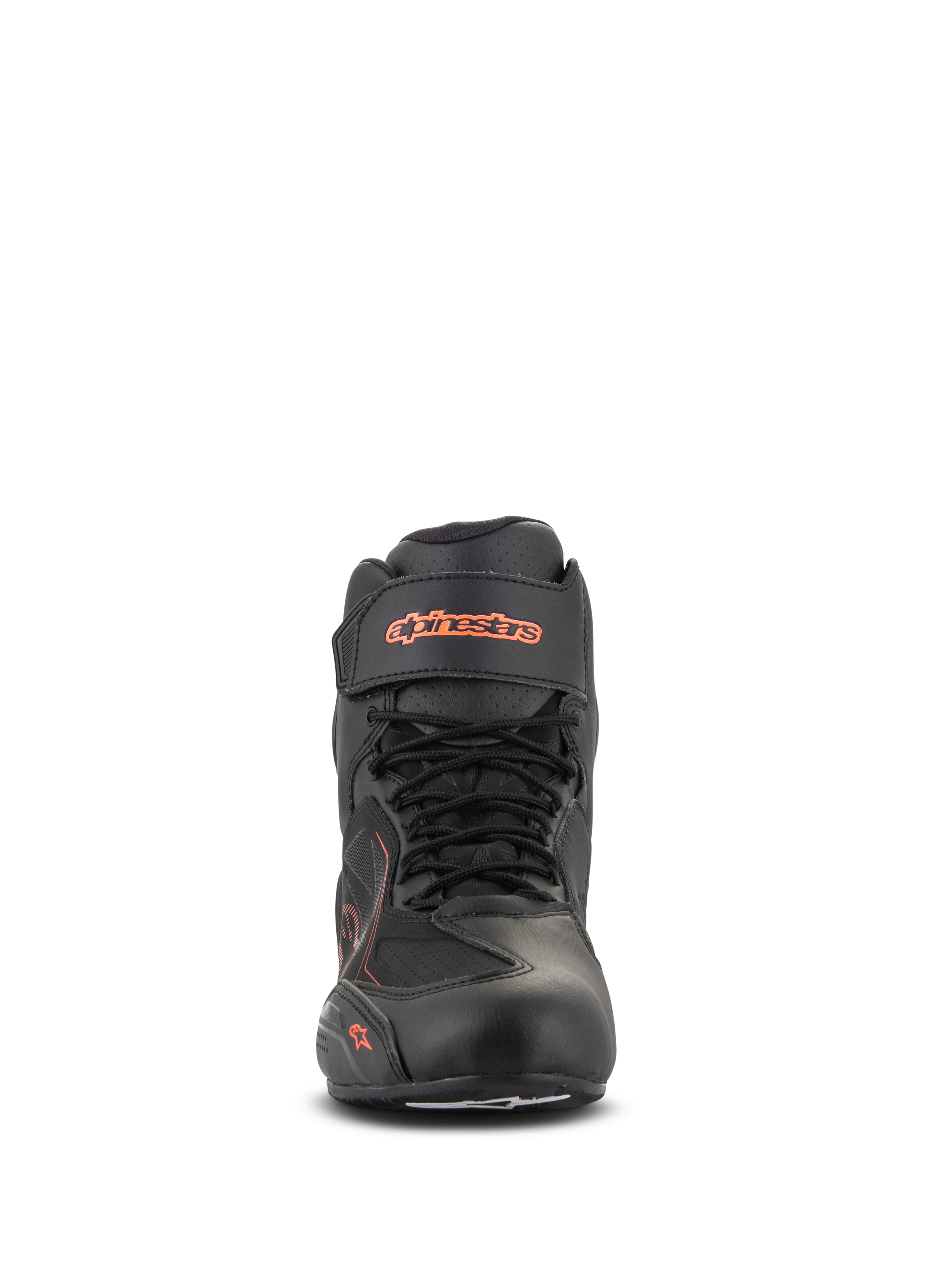Buty Alpinestars Faster-3 Drystar®, czarno-czerwone fluo, widok z przodu, wodoodporne buty motocyklowe z konstrukcją z mikrowłókna, sznurowane z paskiem na rzep przy kostce, fluorescencyjne logo