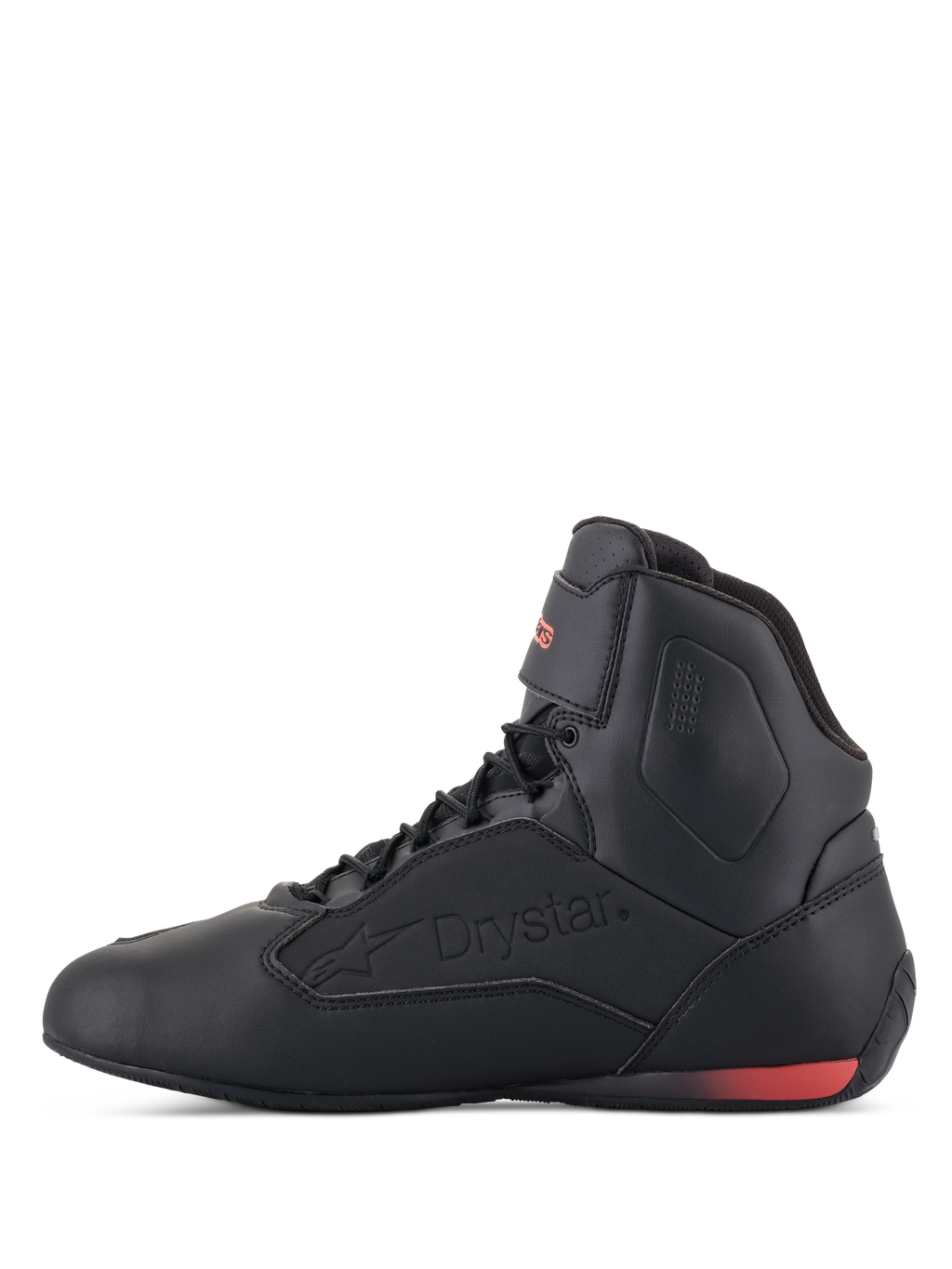 Alpinestars Faster-3 Drystar® Shoes, buty motocyklowe, czarne z czerwonymi akcentami fluo, widok z profilu z wytłoczonym logo Drystar i czerwonym fluorescencyjnym akcentem na pięcie, smukła konstrukcja z mikrowłókna do jazdy miejskiej i szosowej