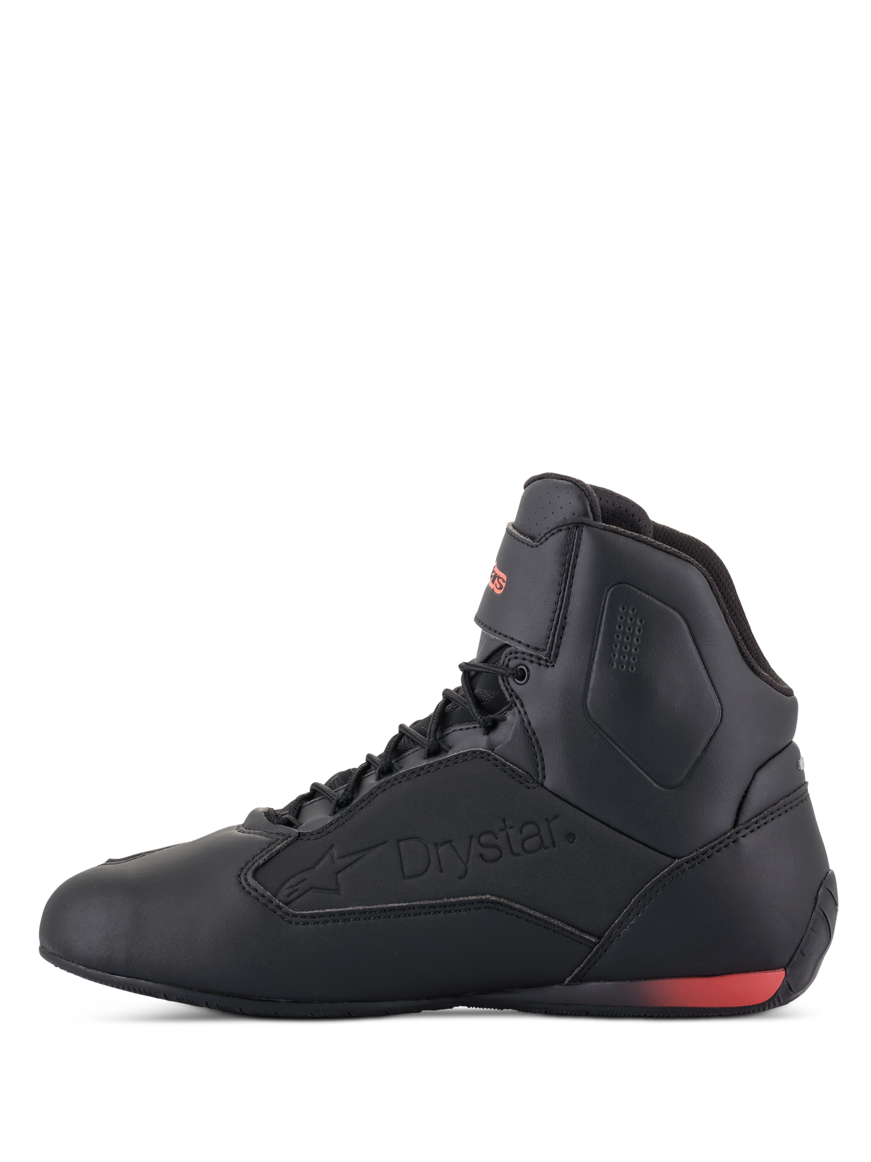 Alpinestars Faster-3 Drystar® Shoes, buty motocyklowe, czarne z czerwonymi akcentami fluo, widok z profilu z wytłoczonym logo Drystar i czerwonym fluorescencyjnym akcentem na pięcie, smukła konstrukcja z mikrowłókna do jazdy miejskiej i szosowej