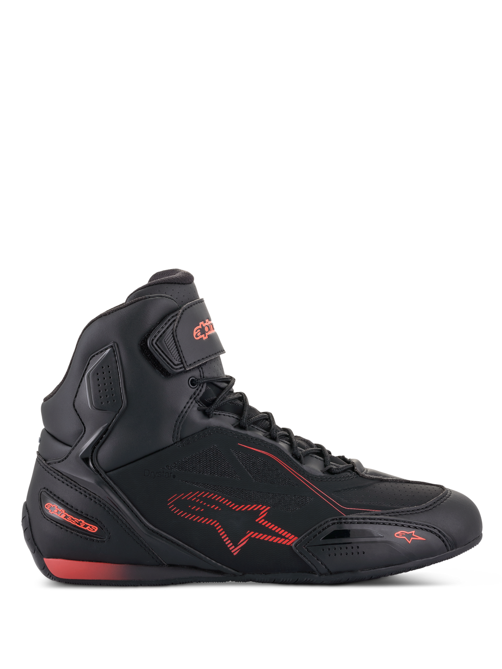 Alpinestars Faster-3 Drystar Shoes, buty motocyklowe w kolorze czarnym i czerwonym fluo, widok z profilu, fason wysokich sneakersów z lekkiej mikrofibry, wodoodporna membrana Drystar, czerwone logo z gwiazdą i branding, pasek z rzepem na kostce oraz perforowane detale zapewniające oddychalność.