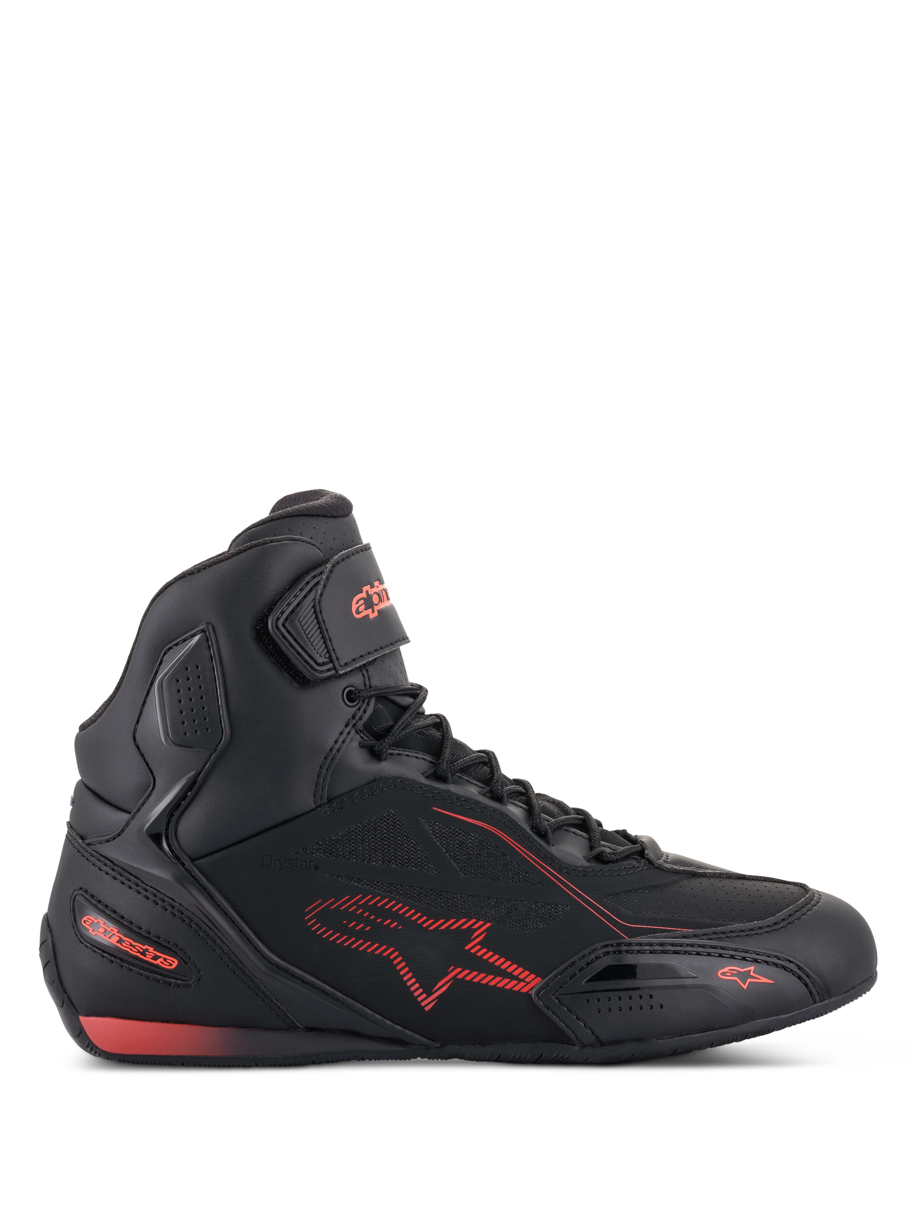 Alpinestars Faster-3 Drystar Shoes, buty motocyklowe w kolorze czarnym i czerwonym fluo, widok z profilu, fason wysokich sneakersów z lekkiej mikrofibry, wodoodporna membrana Drystar, czerwone logo z gwiazdą i branding, pasek z rzepem na kostce oraz perforowane detale zapewniające oddychalność.