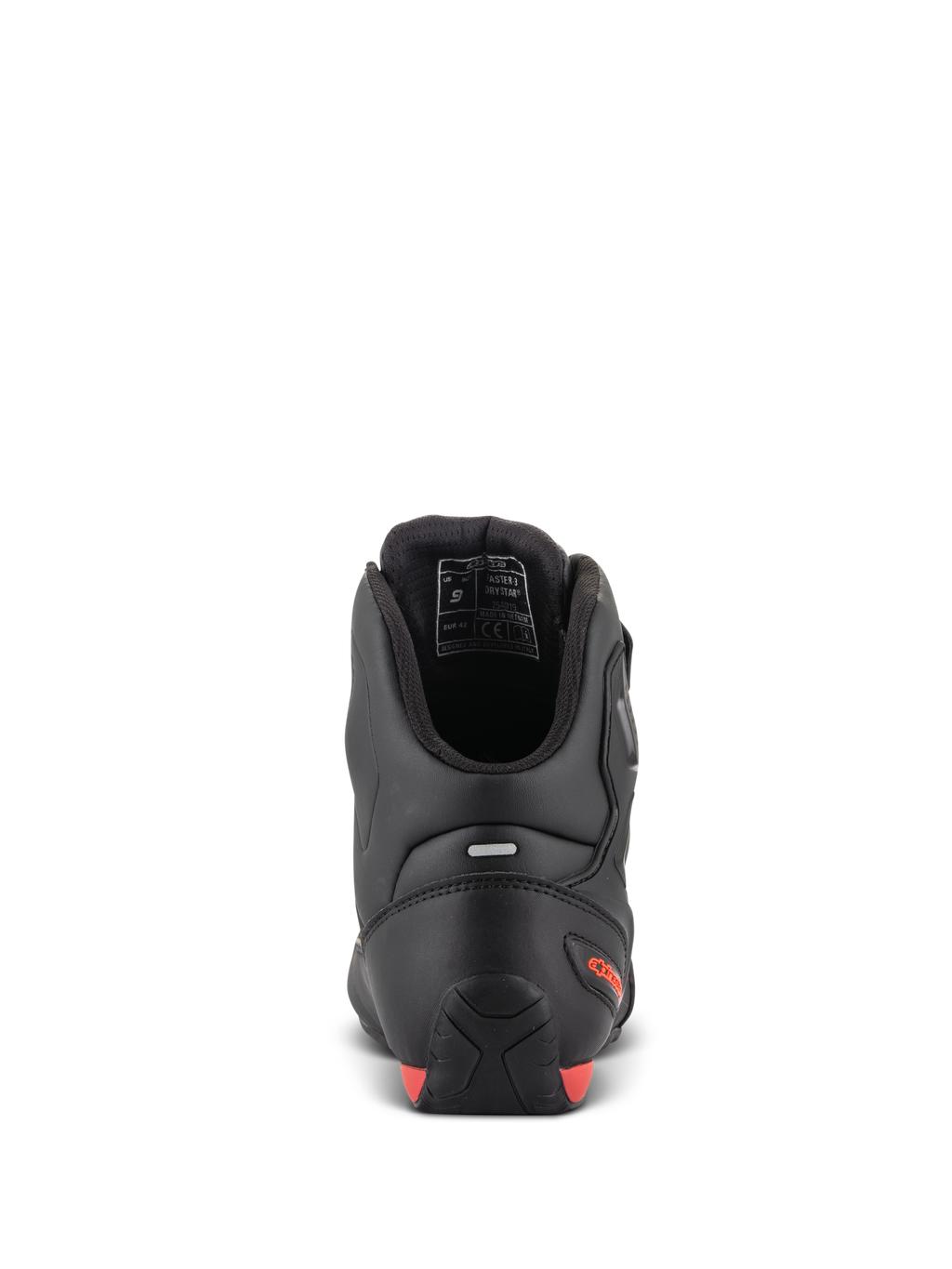 Alpinestars Faster-3 Drystar® Shoes, buty motocyklowe, widok z tyłu pokazujący piętę i kostkę, czarna mikrofibra z czerwonymi akcentami fluo, pasek odblaskowy dla lepszej widoczności, sportowe obuwie ochronne do użytku drogowego i miejskiego