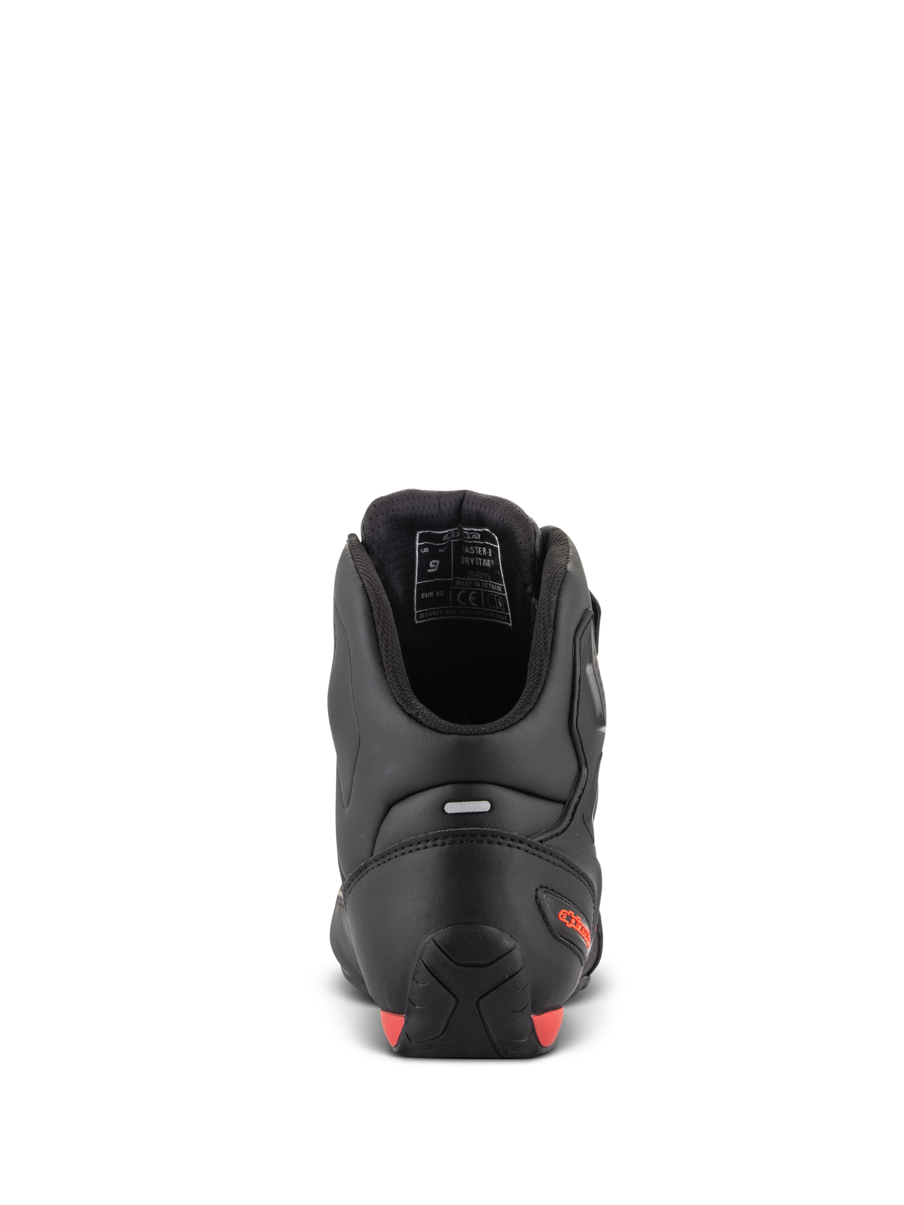 Alpinestars Faster-3 Drystar® Shoes, buty motocyklowe, widok z tyłu pokazujący piętę i kostkę, czarna mikrofibra z czerwonymi akcentami fluo, pasek odblaskowy dla lepszej widoczności, sportowe obuwie ochronne do użytku drogowego i miejskiego
