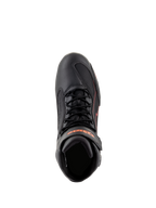 Buty Alpinestars Faster-3 Drystar®, buty motocyklowe, czarne z czerwonymi akcentami fluo, widok z góry pokazujący sznurowadła i pasek na kostce, techniczna konstrukcja z mikrowłókna