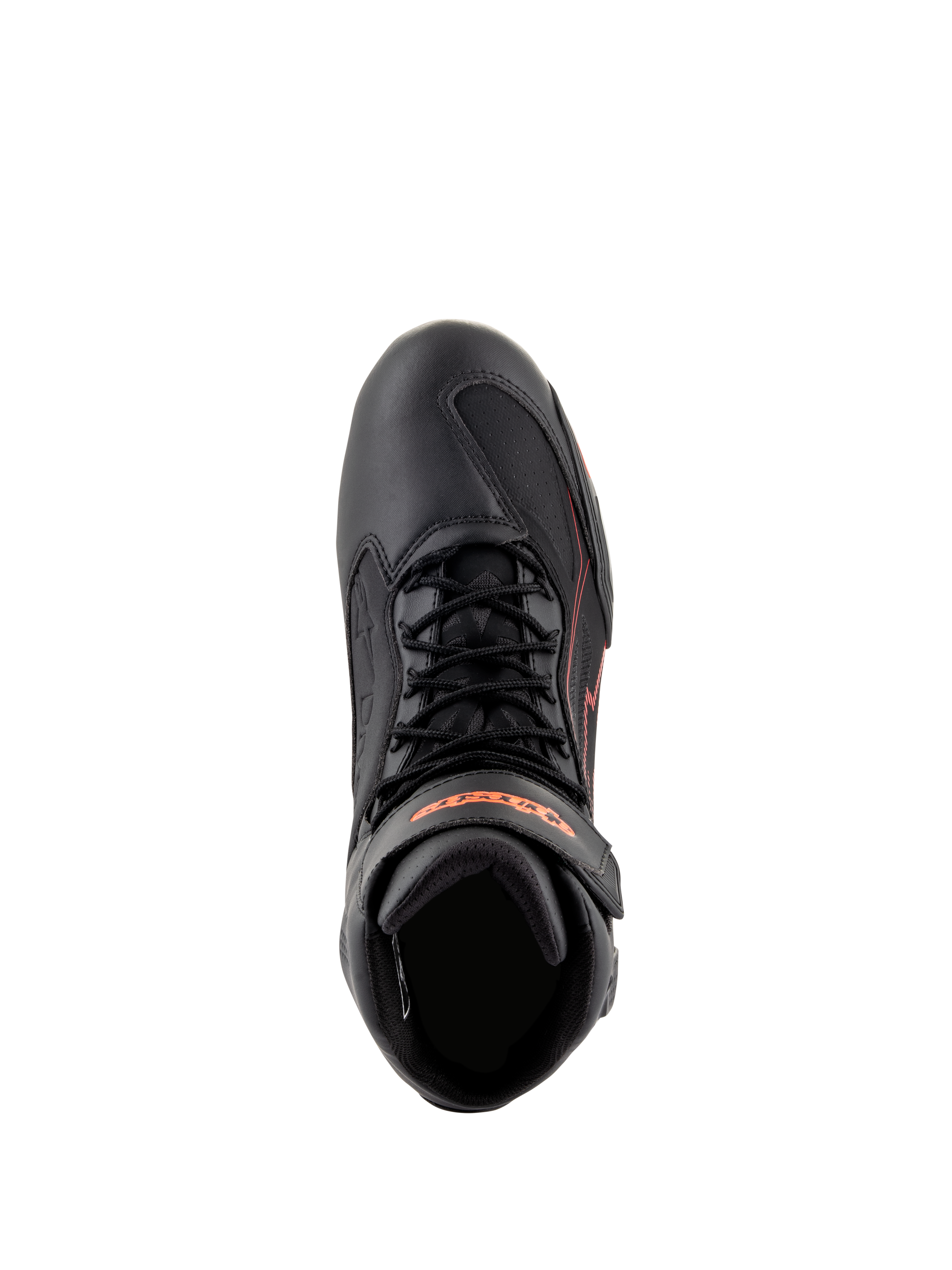 Buty Alpinestars Faster-3 Drystar®, buty motocyklowe, czarne z czerwonymi akcentami fluo, widok z góry pokazujący sznurowadła i pasek na kostce, techniczna konstrukcja z mikrowłókna