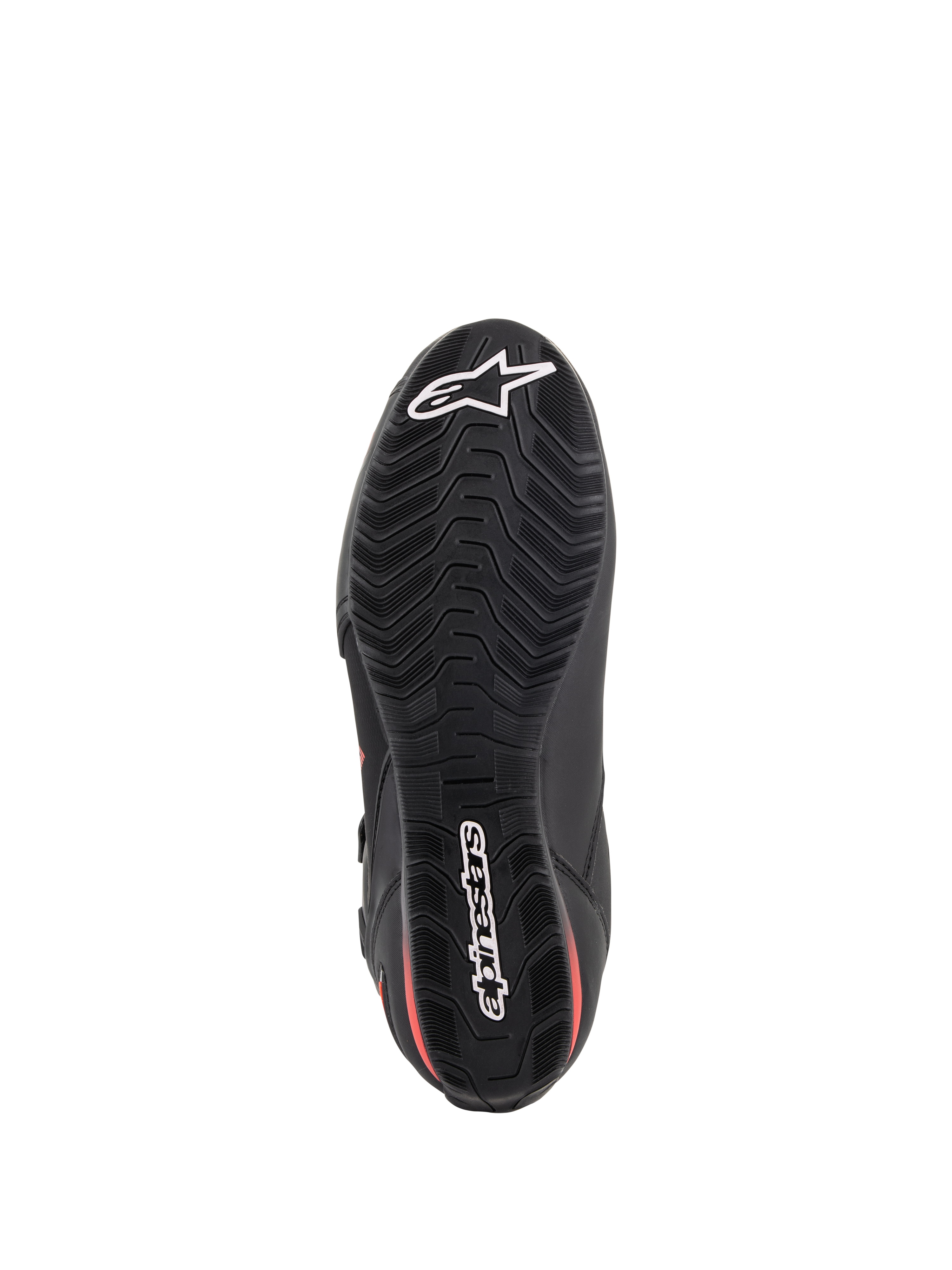 Buty Alpinestars Faster-3 Drystar®, buty motocyklowe, czarne i czerwone fluo, widok podeszwy od spodu, teksturowana gumowa podeszwa zewnętrzna z falistym wzorem bieżnika, białe logo gwiazdy i logotyp Alpinestars, wodoodporne obuwie wyczynowe