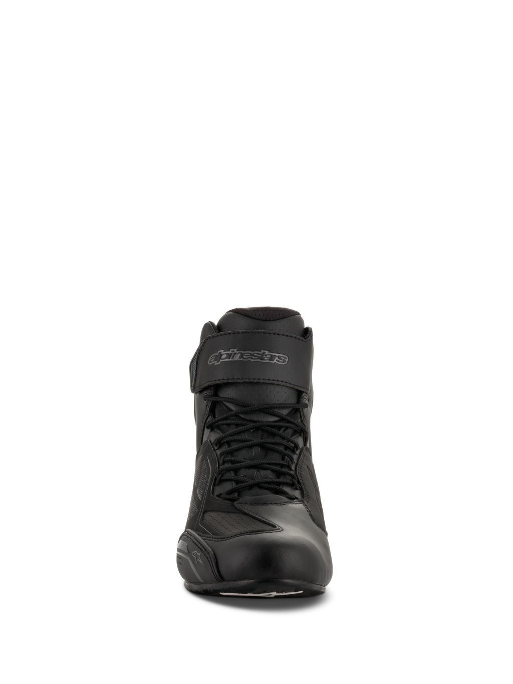 Buty motocyklowe Alpinestars Faster-3 Drystar®, czarno-szare (Black Cool Gray), widok z przodu ukazujący sznurowane zapięcie i pasek na rzep na kostce, wodoodporne obuwie motocyklowe z mikrowłókna.