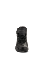 Buty motocyklowe Alpinestars Faster-3 Drystar®, czarno-szare (Black Cool Gray), widok z przodu ukazujący sznurowane zapięcie i pasek na rzep na kostce, wodoodporne obuwie motocyklowe z mikrowłókna.