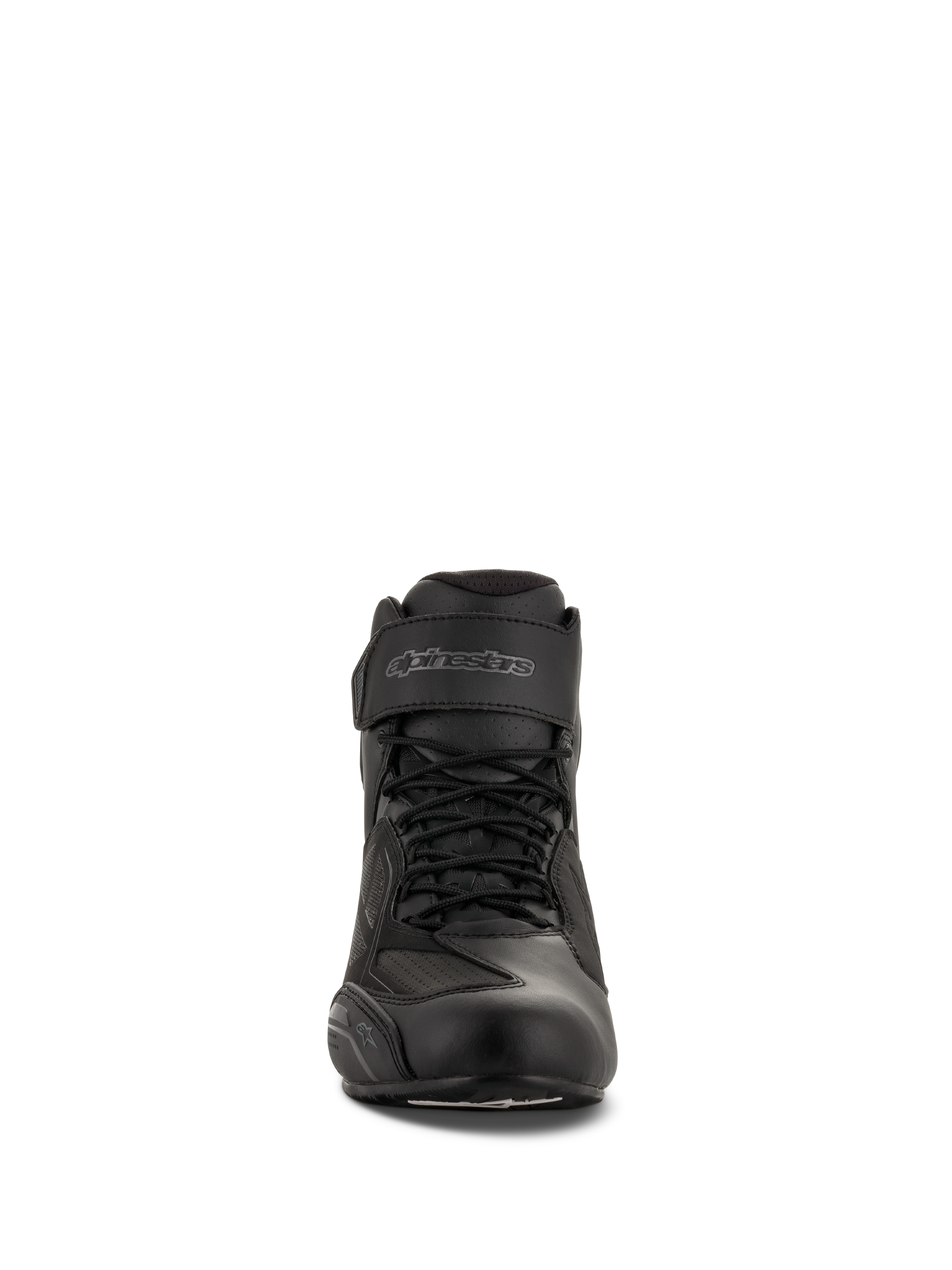 Buty motocyklowe Alpinestars Faster-3 Drystar®, czarno-szare (Black Cool Gray), widok z przodu ukazujący sznurowane zapięcie i pasek na rzep na kostce, wodoodporne obuwie motocyklowe z mikrowłókna.