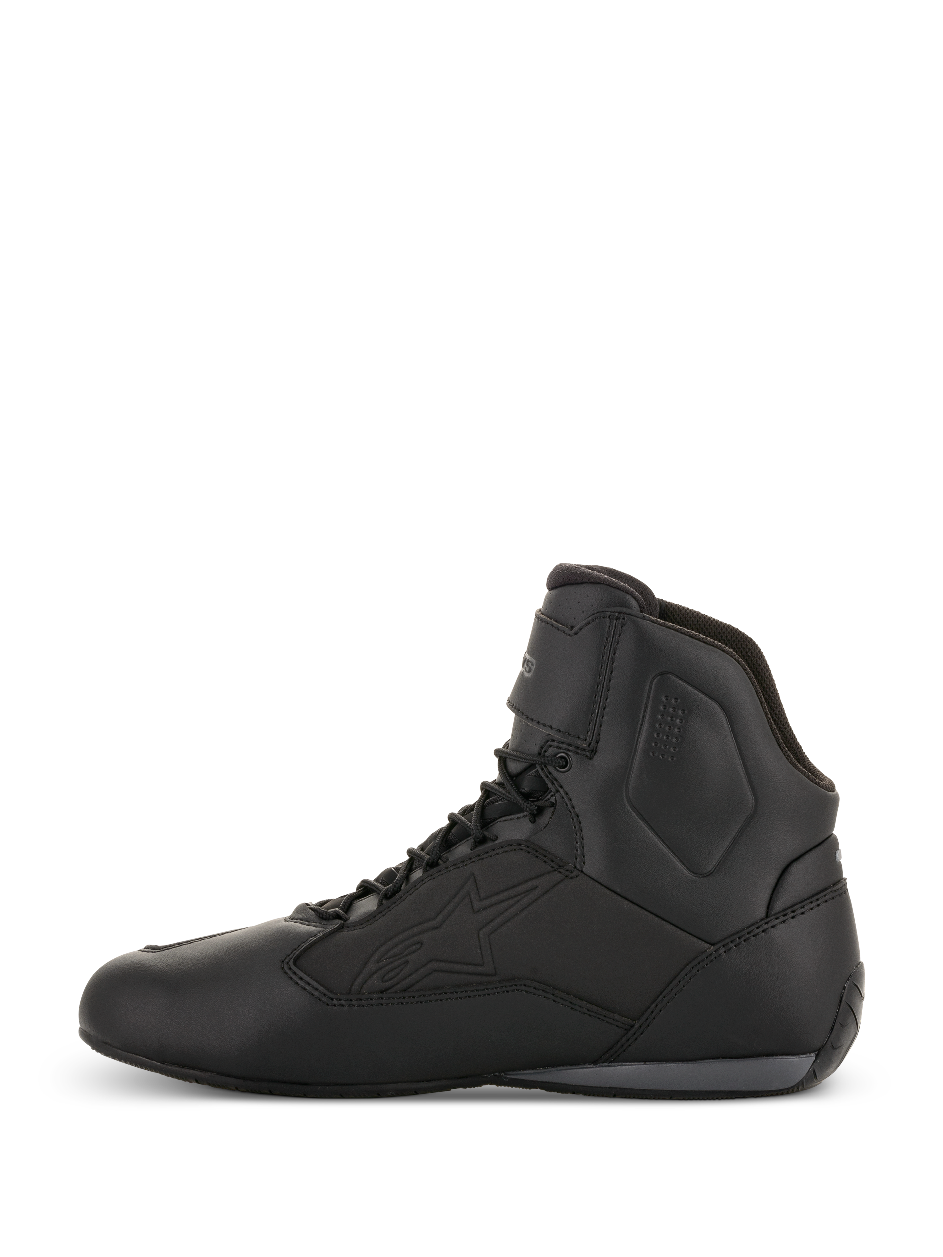 Alpinestars Faster-3 Drystar® Riding Shoes, buty motocyklowe, czarne z szarymi detalami, widok z profilu, wysoka konstrukcja ze sznurowadłami, wodoodporna konstrukcja z mikrowłókna, techniczne wyposażenie do jazdy szosowej