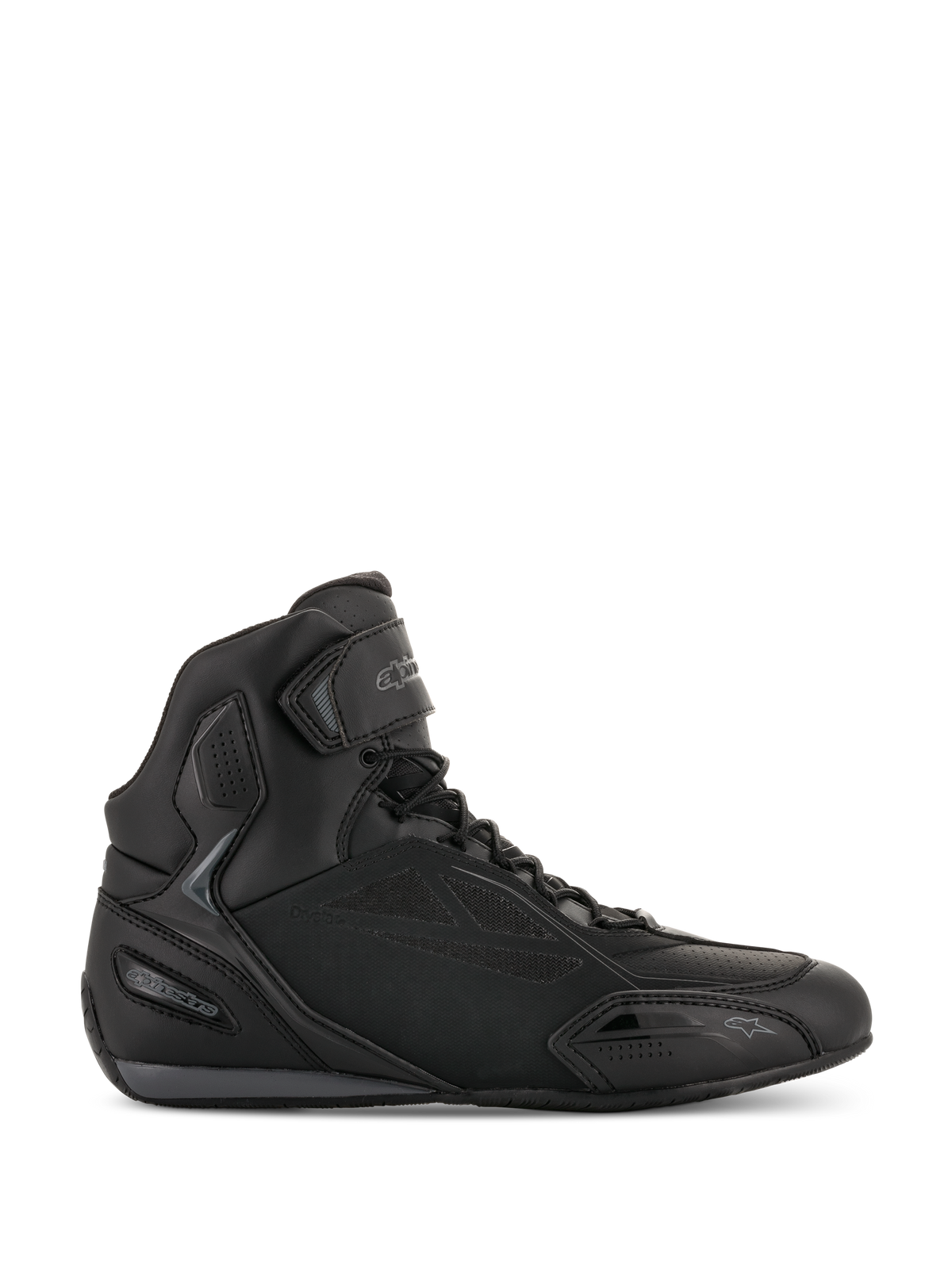 Buty motocyklowe Alpinestars Faster-3 Drystar, czarno-szare sneakersy motocyklowe, wysoka konstrukcja ze sznurowadłami i paskiem na rzep, wodoodporna cholewka z mikrowłókna, sportowe obuwie szosowe