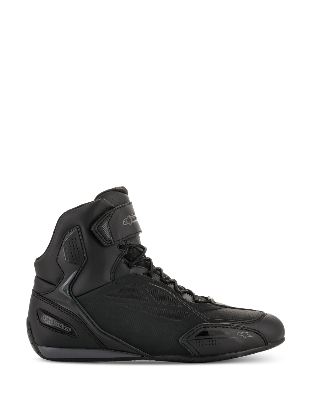 Buty motocyklowe Alpinestars Faster-3 Drystar, czarno-szare sneakersy motocyklowe, wysoka konstrukcja ze sznurowadłami i paskiem na rzep, wodoodporna cholewka z mikrowłókna, sportowe obuwie szosowe