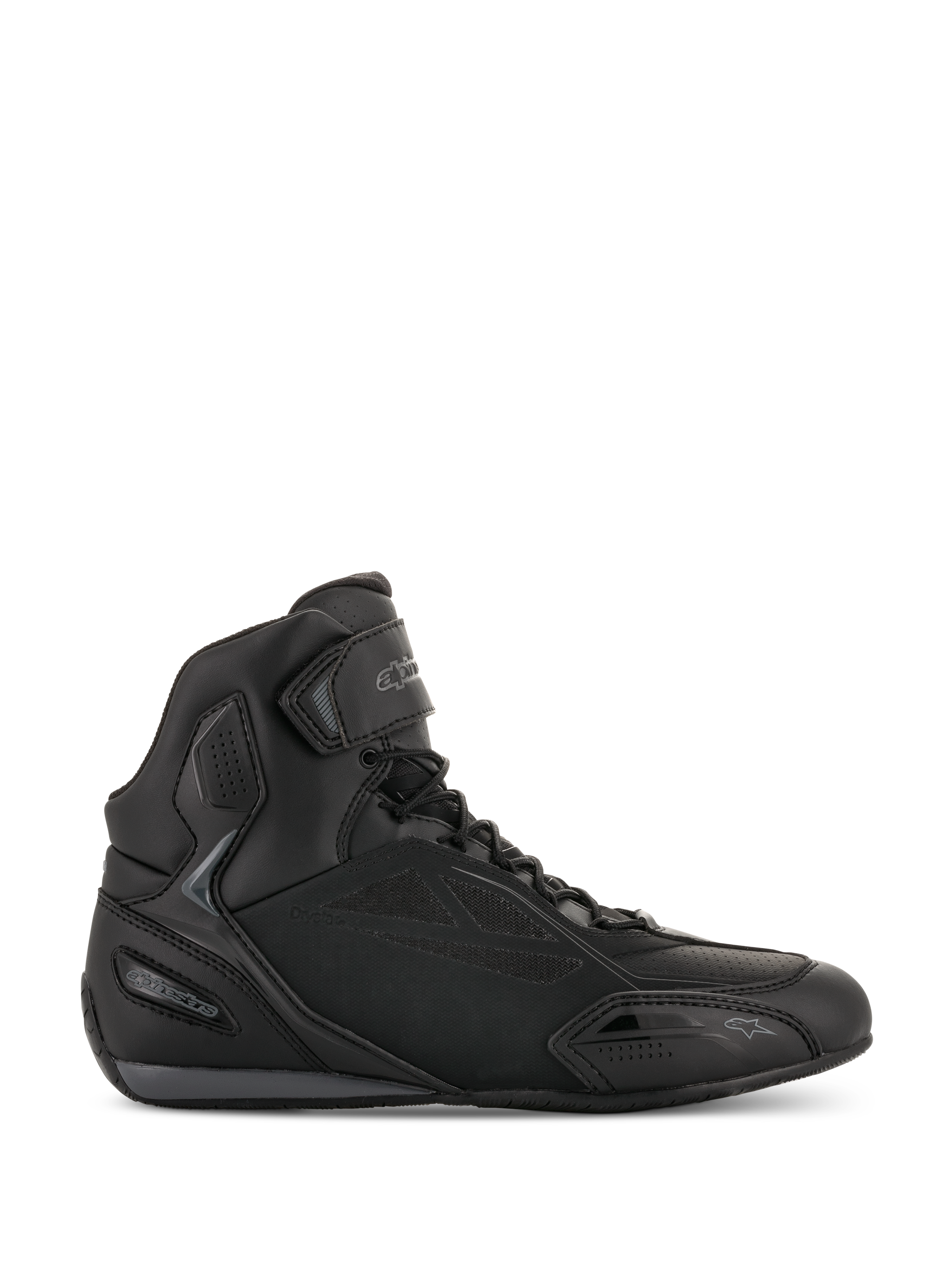 Buty motocyklowe Alpinestars Faster-3 Drystar, czarno-szare sneakersy motocyklowe, wysoka konstrukcja ze sznurowadłami i paskiem na rzep, wodoodporna cholewka z mikrowłókna, sportowe obuwie szosowe