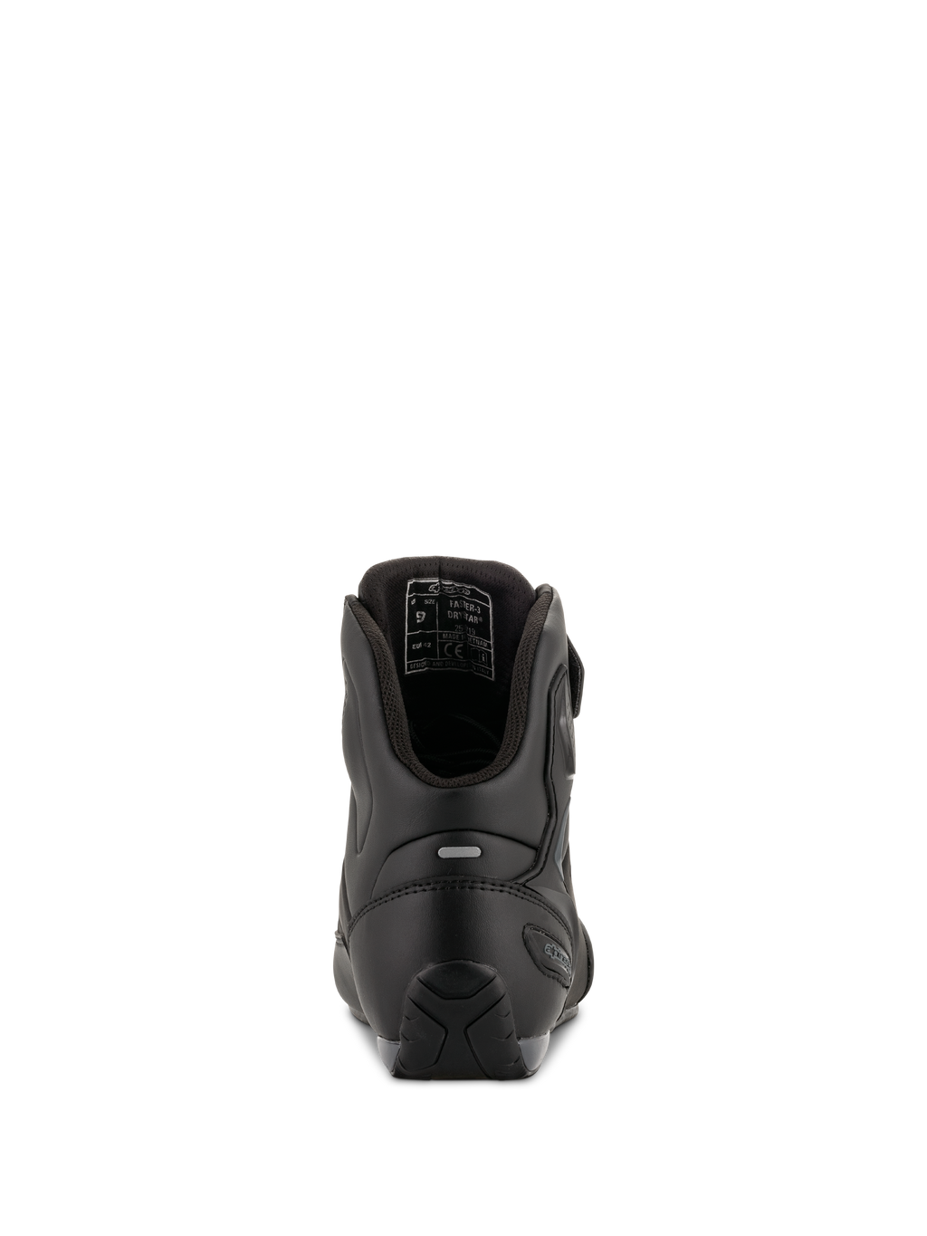Buty motocyklowe Alpinestars Faster-3 Drystar®, kolor Black Cool Gray, widok z tyłu ukazujący wzmocnienie pięty, odblaskowy element oraz wewnętrzną wyściółkę, wodoodporna konstrukcja z mikrowłókna do jazdy szosowej.