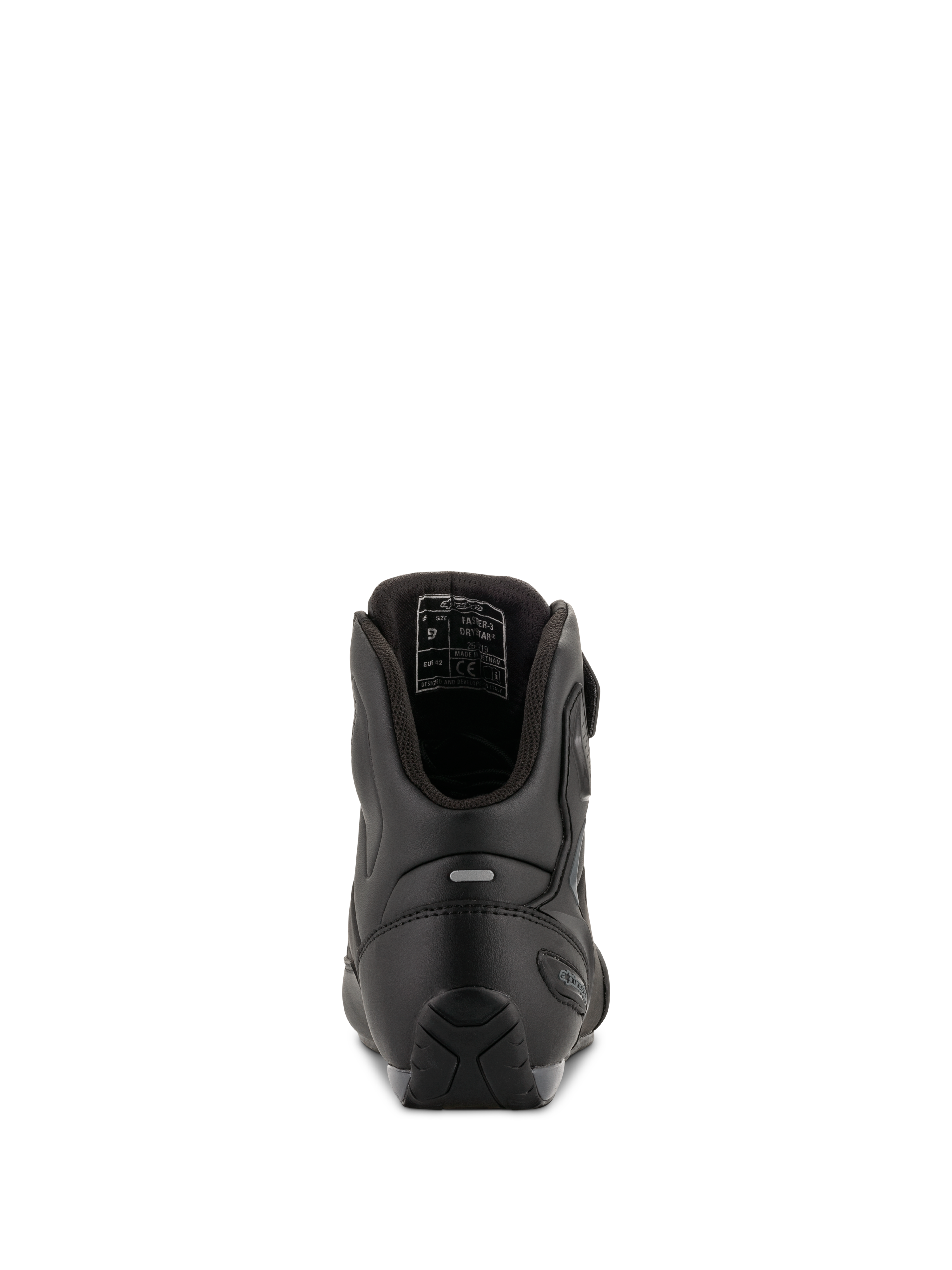 Buty motocyklowe Alpinestars Faster-3 Drystar®, kolor Black Cool Gray, widok z tyłu ukazujący wzmocnienie pięty, odblaskowy element oraz wewnętrzną wyściółkę, wodoodporna konstrukcja z mikrowłókna do jazdy szosowej.