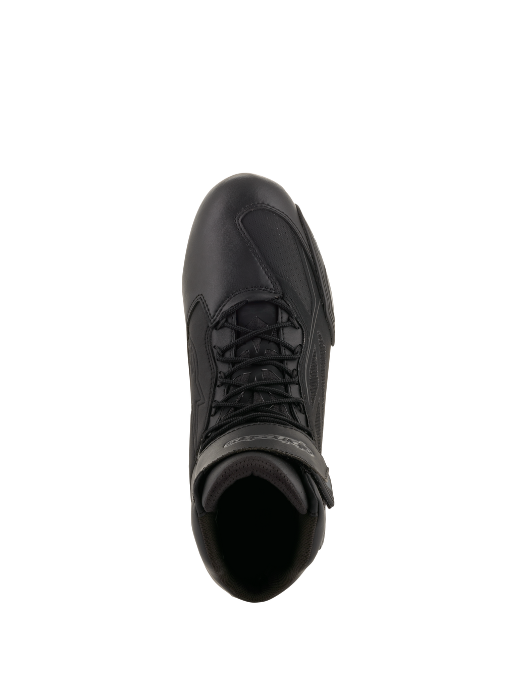 Buty motocyklowe Alpinestars Faster-3 Drystar®, czarne i szare (Cool Gray), widok z góry ukazujący cholewkę z mikrowłókna, czarne sznurowadła i pasek na rzep przy kostce, techniczny sportowy design do jazdy szosowej w każdych warunkach