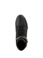 Buty motocyklowe Alpinestars Faster-3 Drystar®, czarne i szare (Cool Gray), widok z góry ukazujący cholewkę z mikrowłókna, czarne sznurowadła i pasek na rzep przy kostce, techniczny sportowy design do jazdy szosowej w każdych warunkach