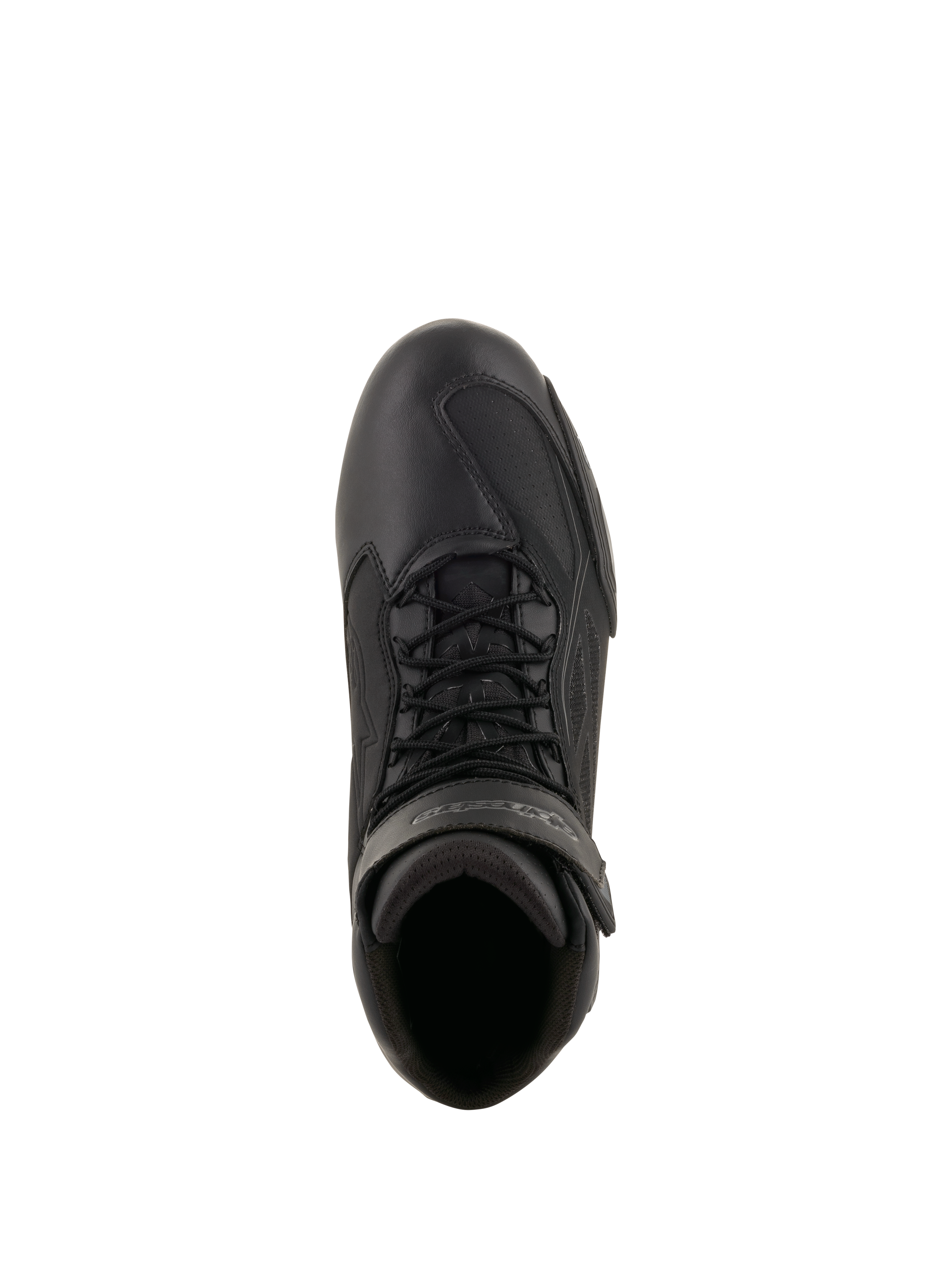 Buty motocyklowe Alpinestars Faster-3 Drystar®, czarne i szare (Cool Gray), widok z góry ukazujący cholewkę z mikrowłókna, czarne sznurowadła i pasek na rzep przy kostce, techniczny sportowy design do jazdy szosowej w każdych warunkach