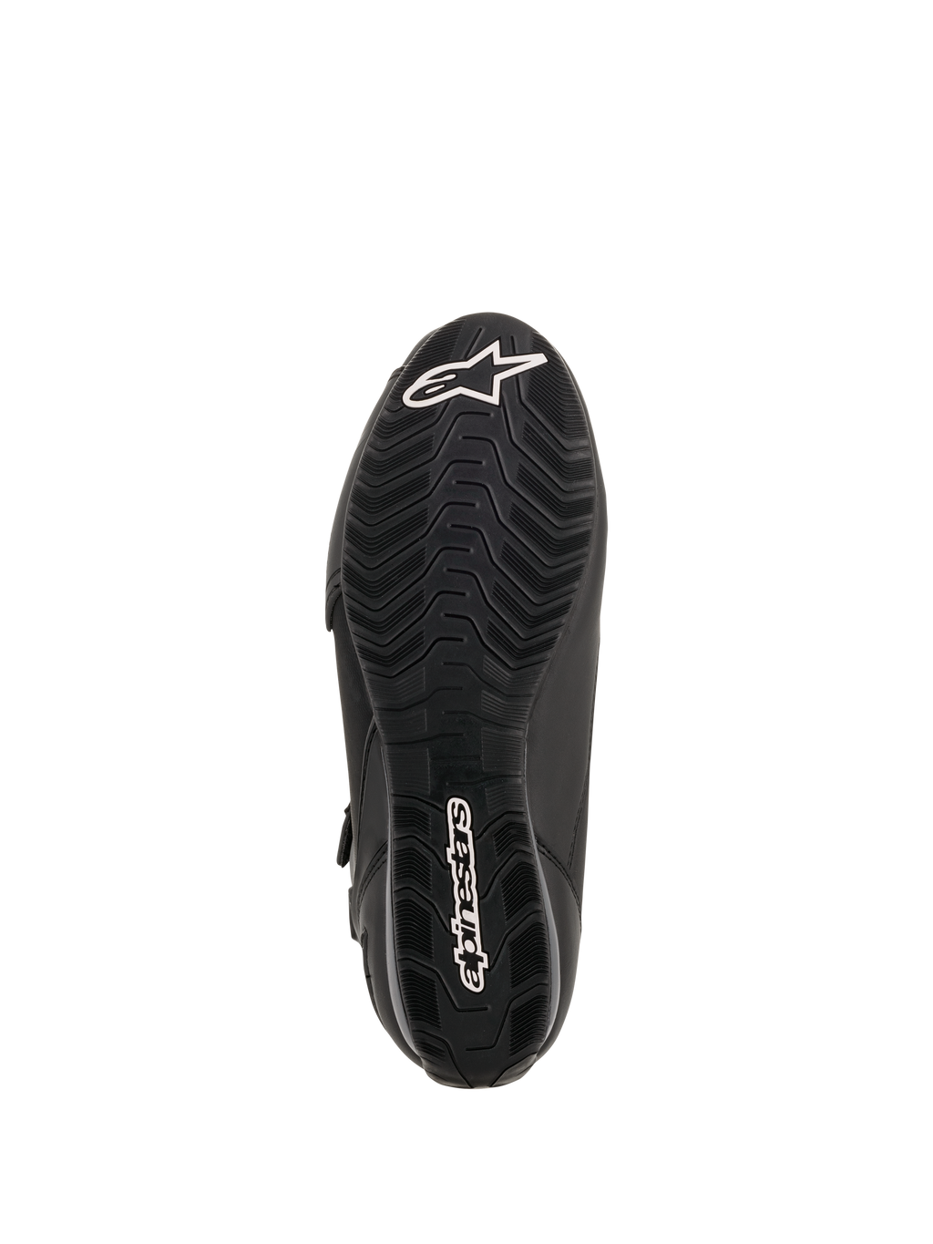 Buty motocyklowe Alpinestars Faster-3 Drystar®, widok podeszwy, czarna guma z falistym wzorem bieżnika, białe logo gwiazdy na czubku i napis na pięcie, techniczne obuwie motocyklowe