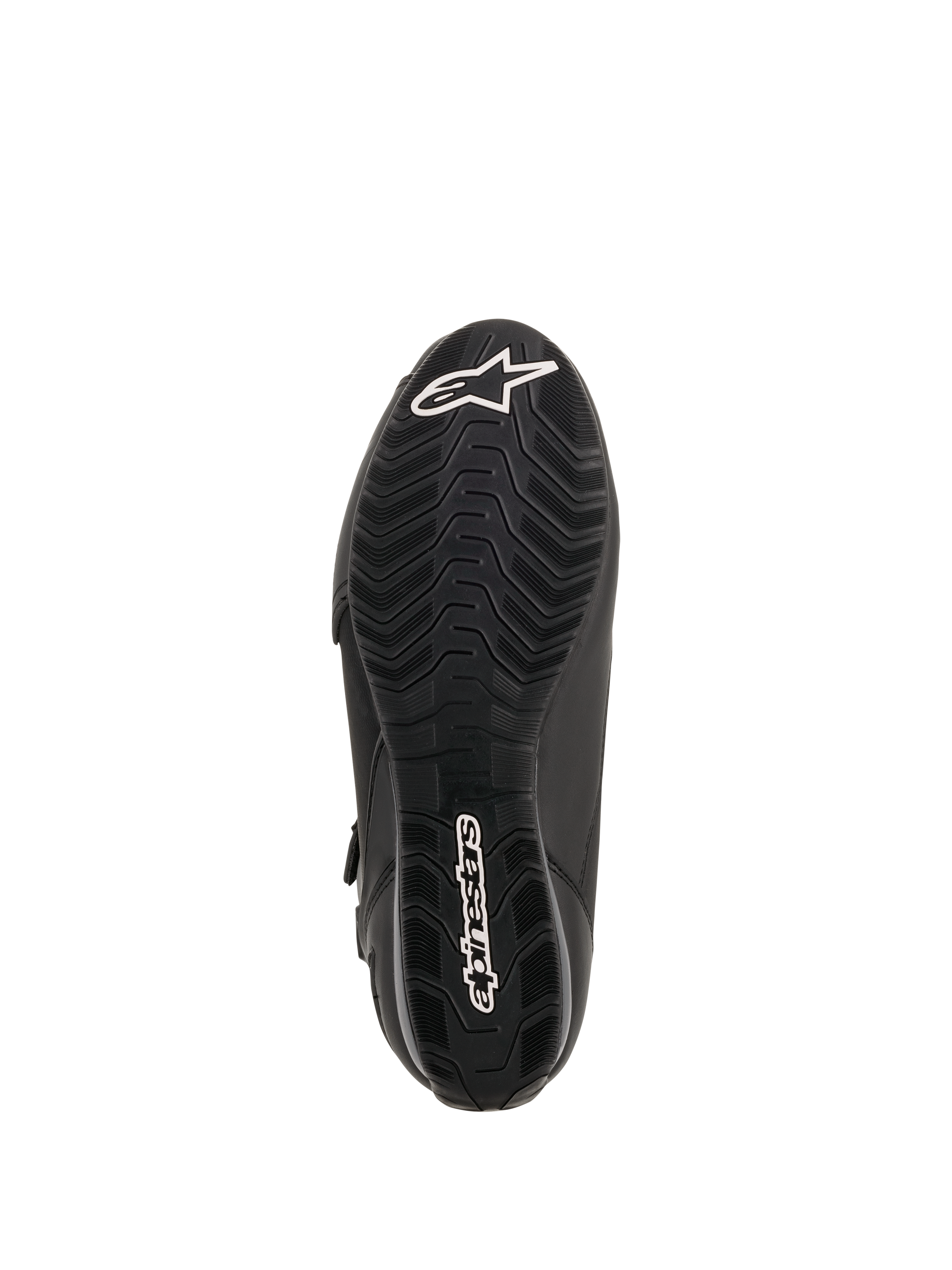 Buty motocyklowe Alpinestars Faster-3 Drystar®, widok podeszwy, czarna guma z falistym wzorem bieżnika, białe logo gwiazdy na czubku i napis na pięcie, techniczne obuwie motocyklowe