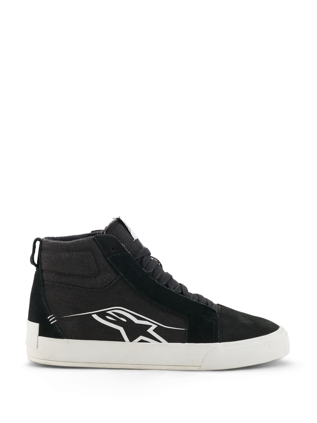 Alpinestars Ride-63 Canvas Shoes, czarno-białe wysokie trampki motocyklowe, miejskie obuwie motocyklowe w stylu casual, cholewka z płótna i zamszu, widok z boku z białym logo Astars, płaska biała gumowa podeszwa