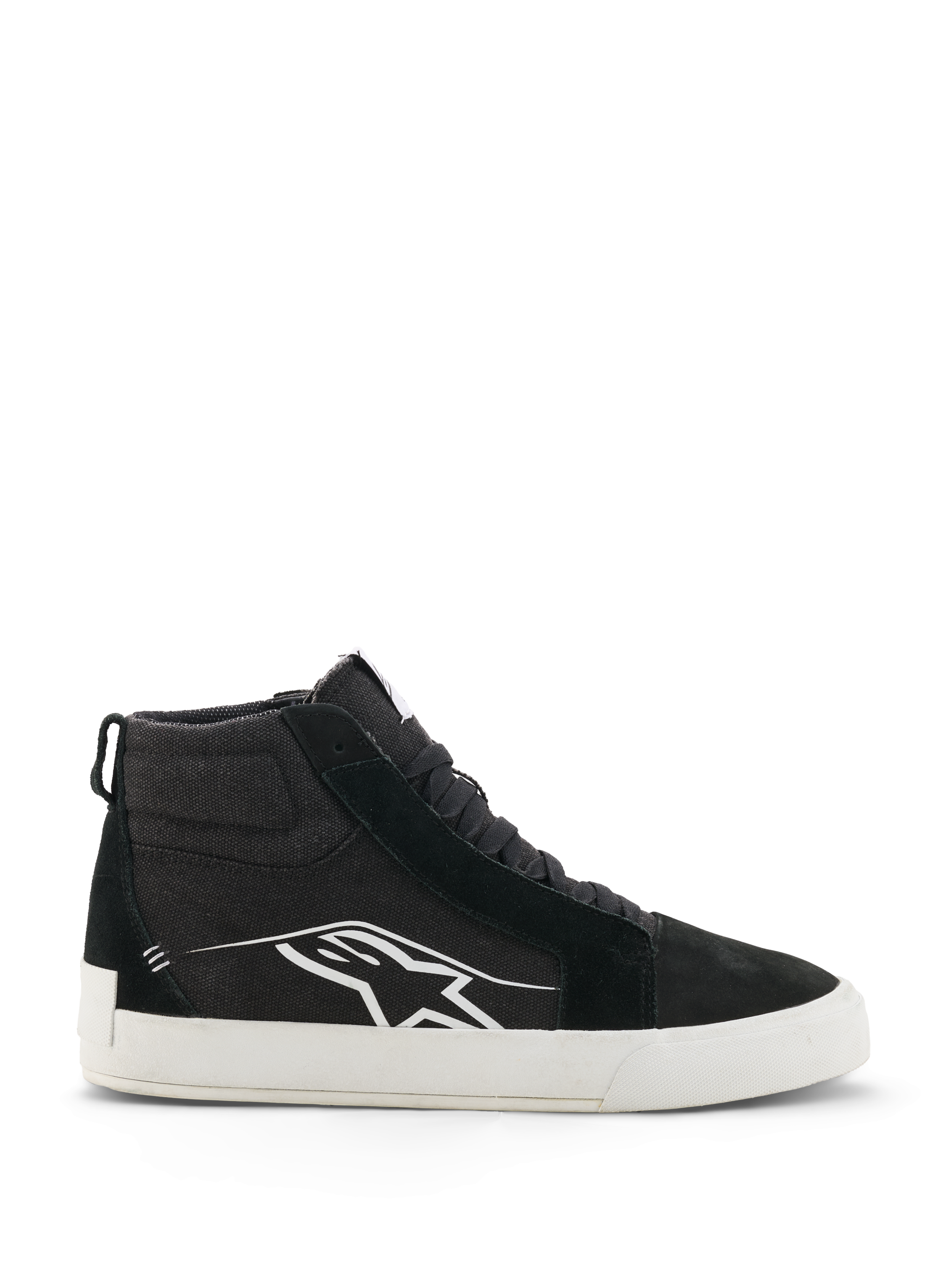 Alpinestars Ride-63 Canvas Shoes, czarno-białe wysokie trampki motocyklowe, miejskie obuwie motocyklowe w stylu casual, cholewka z płótna i zamszu, widok z boku z białym logo Astars, płaska biała gumowa podeszwa