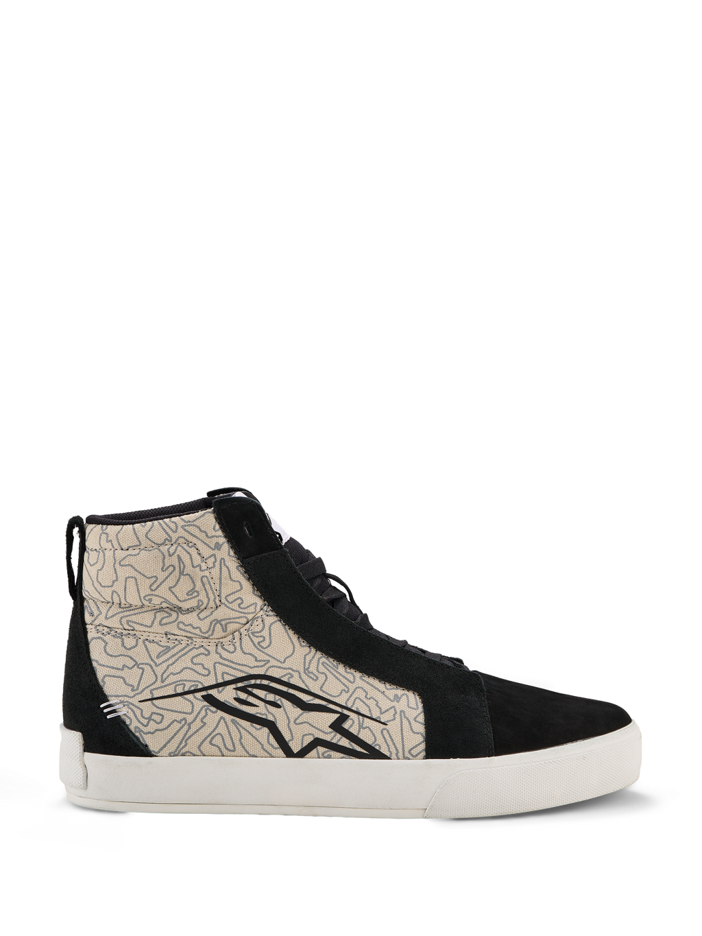 Alpinestars Ride-63 Canvas Shoes, miejskie buty motocyklowe, czarno-szare (Cool Gray) z białą podeszwą, wysoki fason inspirowany stylem skate z wzorzystymi tekstylnymi panelami bocznymi i czarnymi zamszowymi nakładkami, duże czarne logo Alpinestars, wulkanizowana gumowa podeszwa