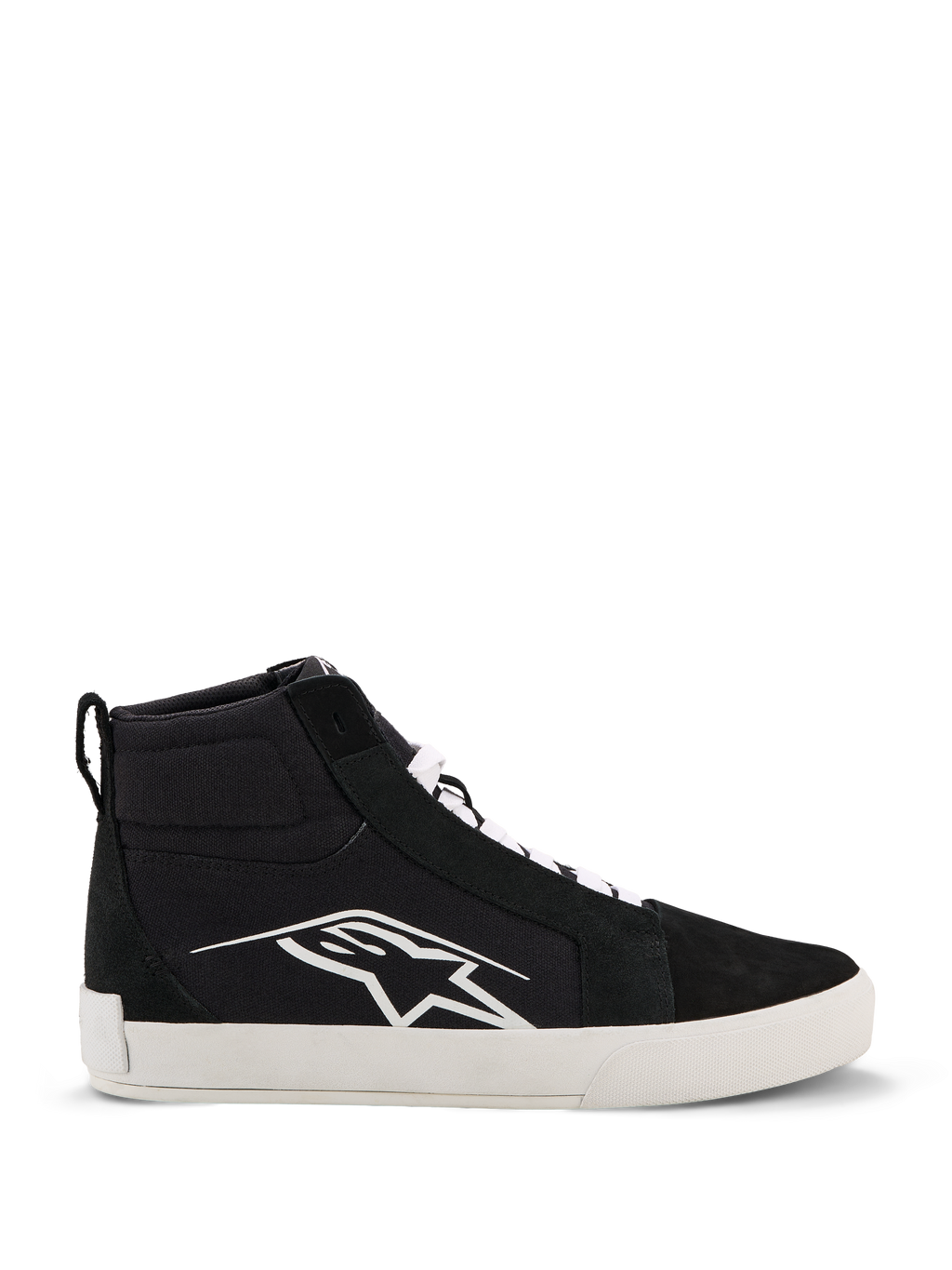 Alpinestars Ride-63 Canvas Shoes, miejskie buty motocyklowe, czarno-białe, duże białe logo Astars z boku, gruba biała płaska podeszwa, białe sznurowadła, casualowy fason wysokich sneakersów