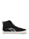 Alpinestars Ride-63 Canvas Shoes, miejskie buty motocyklowe, czarno-białe, duże białe logo Astars z boku, gruba biała płaska podeszwa, białe sznurowadła, casualowy fason wysokich sneakersów