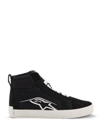 Alpinestars Ride-63 Canvas Shoes, miejskie buty motocyklowe, czarno-białe, duże białe logo Astars z boku, gruba biała płaska podeszwa, białe sznurowadła, casualowy fason wysokich sneakersów