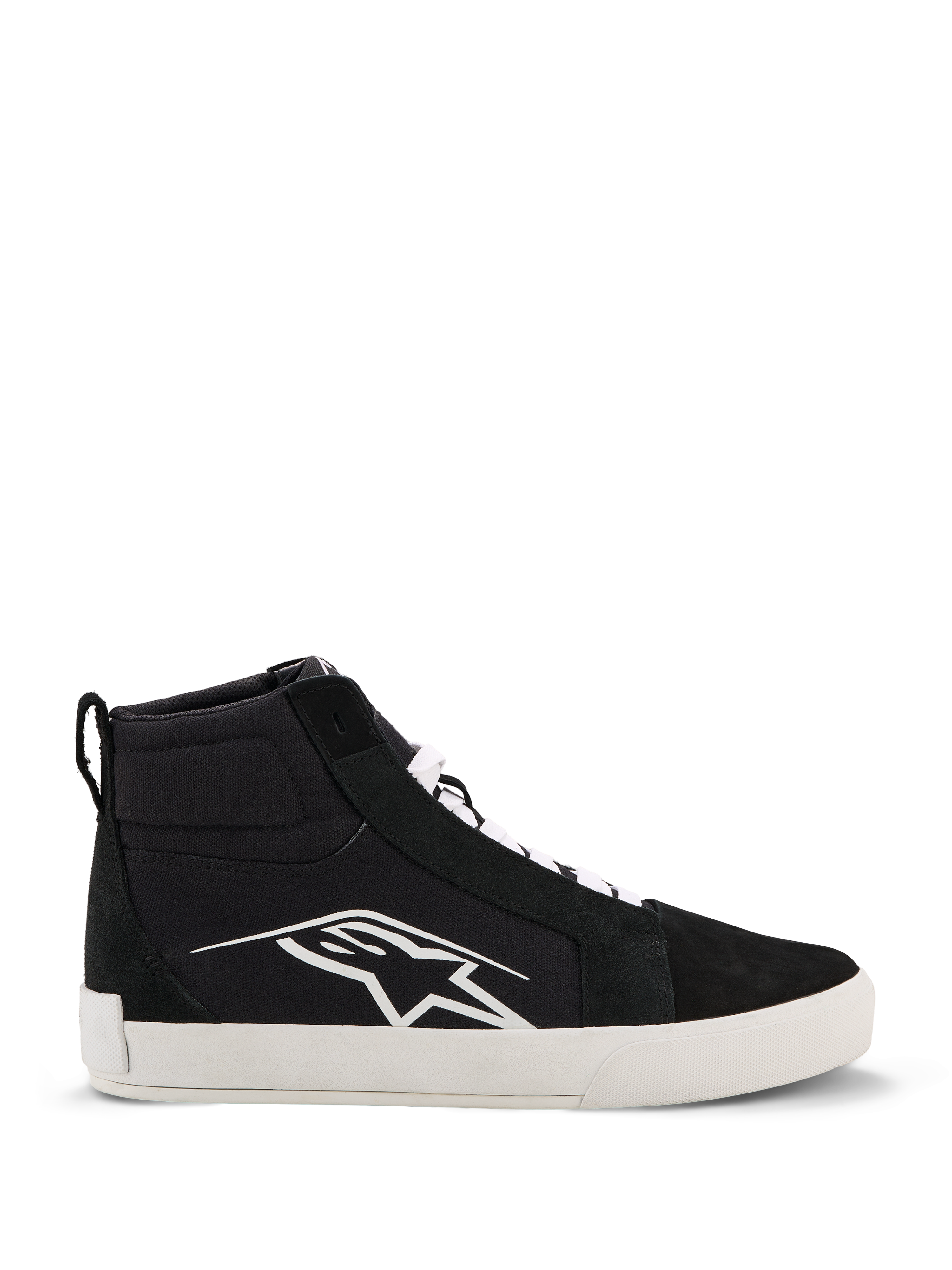 Alpinestars Ride-63 Canvas Shoes, miejskie buty motocyklowe, czarno-białe, duże białe logo Astars z boku, gruba biała płaska podeszwa, białe sznurowadła, casualowy fason wysokich sneakersów