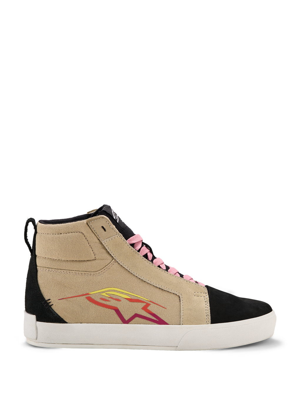 Alpinestars Ride-63 Canvas Shoes, wysokie sneakersy, beżowo-czarne, różowe sznurówki, biała podeszwa, wielokolorowe logo gwiazdy w kolorach czerwonym i żółtym, tekstura przypominająca zamsz, codzienne obuwie inspirowane sportami motorowymi