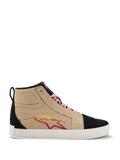 Alpinestars Ride-63 Canvas Shoes, wysokie sneakersy, beżowo-czarne, różowe sznurówki, biała podeszwa, wielokolorowe logo gwiazdy w kolorach czerwonym i żółtym, tekstura przypominająca zamsz, codzienne obuwie inspirowane sportami motorowymi