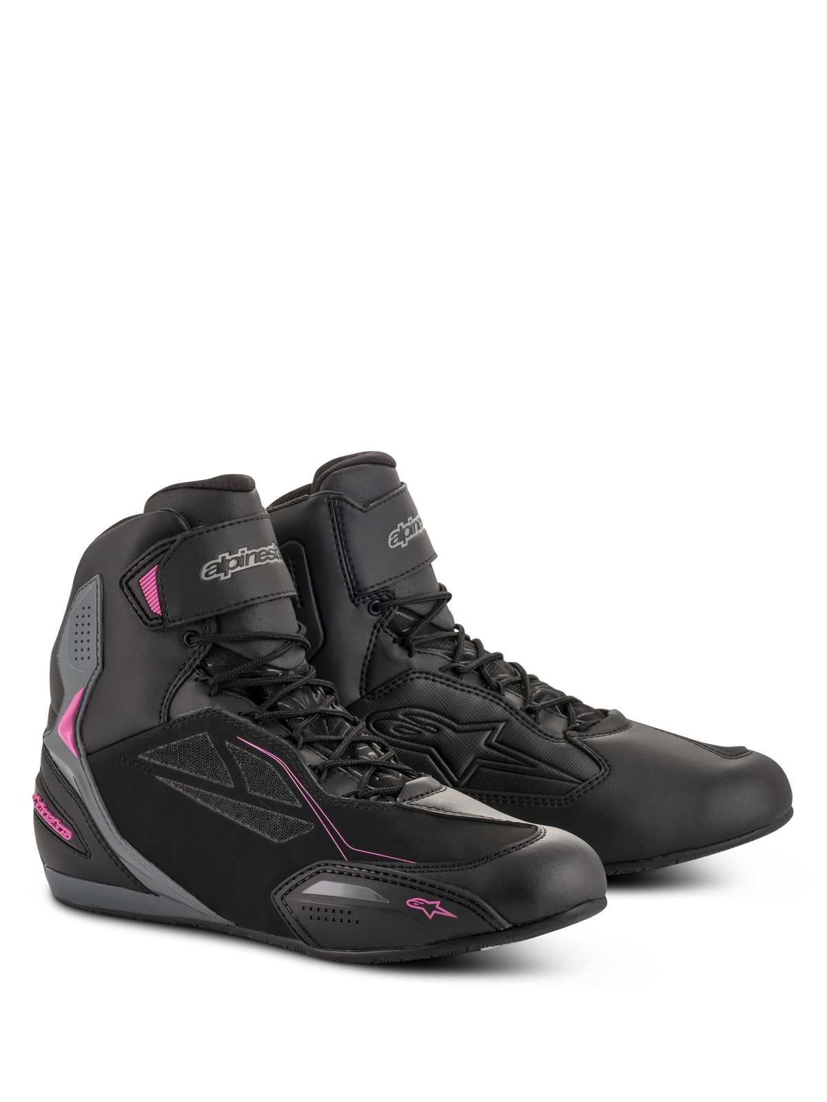 Alpinestars Stella Faster-3 Drystar, damskie buty motocyklowe, czarno-ciemnoszare z akcentami w kolorze fuksji, wodoodporna konstrukcja z mikrofibry i zamszu PU, sznurowane zapięcie z paskiem na rzep przy kostce, sportowy design miejski