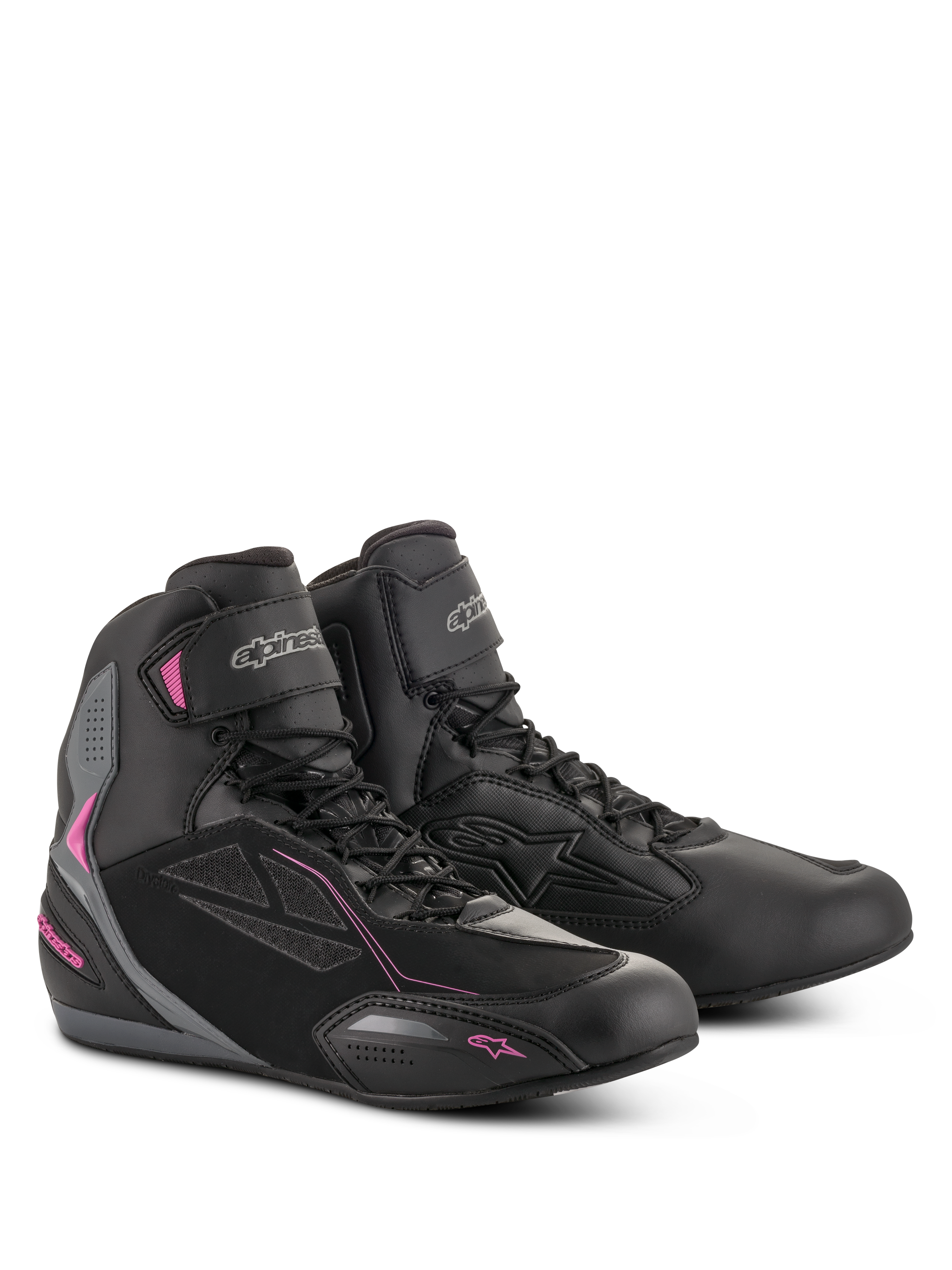 Alpinestars Stella Faster-3 Drystar, damskie buty motocyklowe, czarno-ciemnoszare z akcentami w kolorze fuksji, wodoodporna konstrukcja z mikrofibry i zamszu PU, sznurowane zapięcie z paskiem na rzep przy kostce, sportowy design miejski