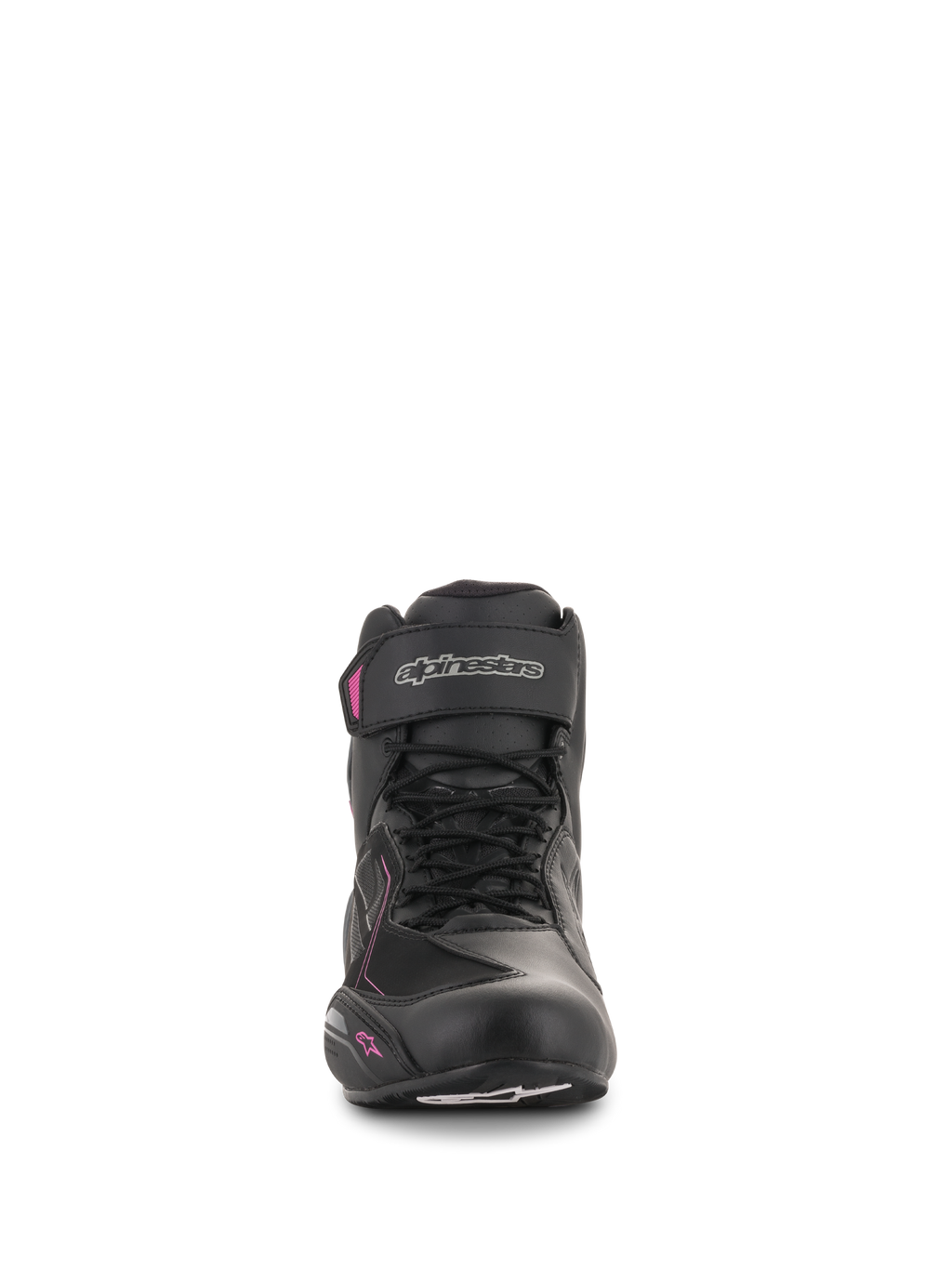 Buty damskie Alpinestars Stella Faster-3 Drystar®, buty motocyklowe, czarne z ciemnoszarymi i fuksjowymi akcentami, widok z przodu pokazujący sznurowane zapięcie, pasek na kostce ze srebrnym logo i różowe detale na kobiecym profilu