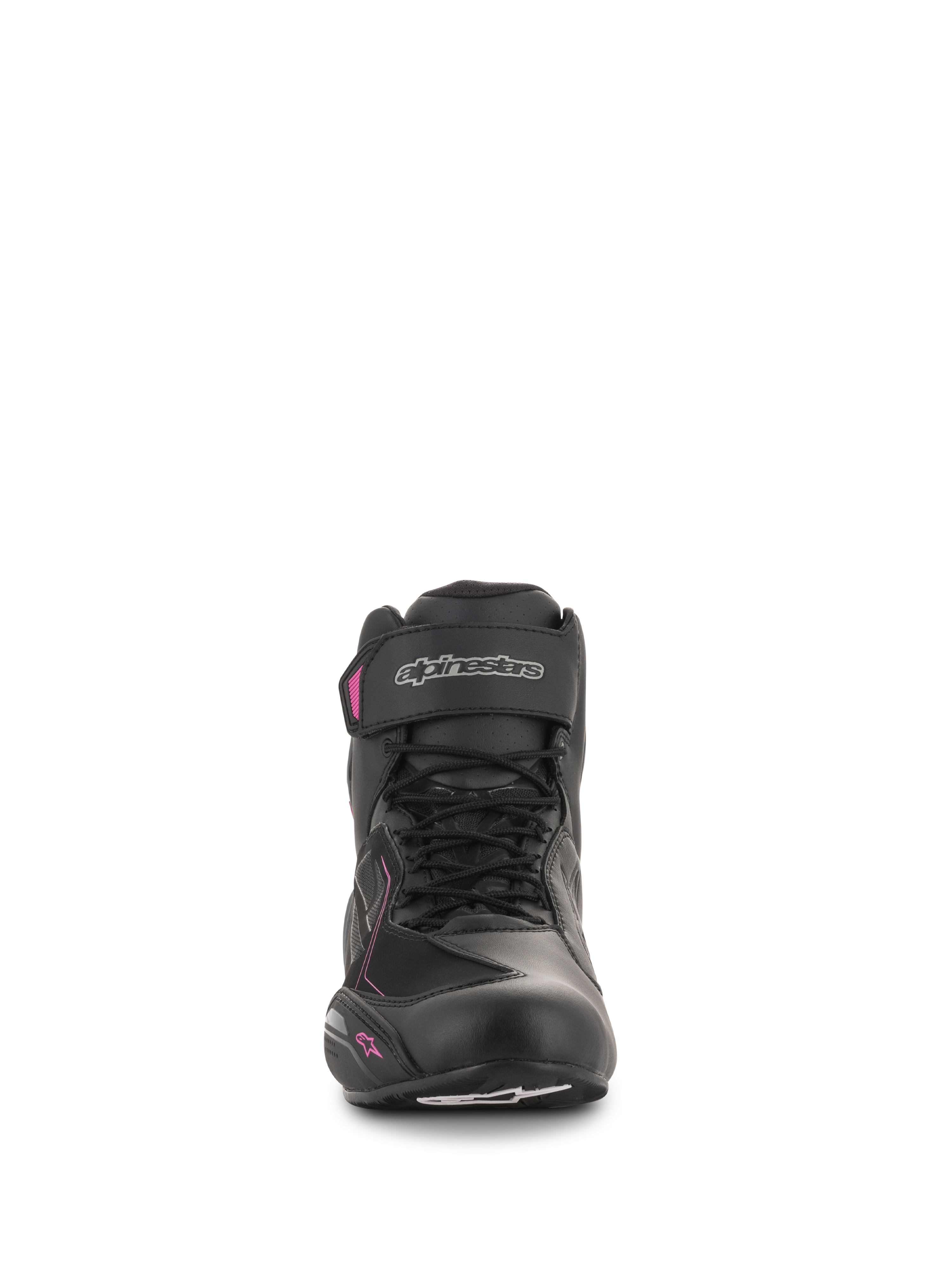 Buty damskie Alpinestars Stella Faster-3 Drystar®, buty motocyklowe, czarne z ciemnoszarymi i fuksjowymi akcentami, widok z przodu pokazujący sznurowane zapięcie, pasek na kostce ze srebrnym logo i różowe detale na kobiecym profilu