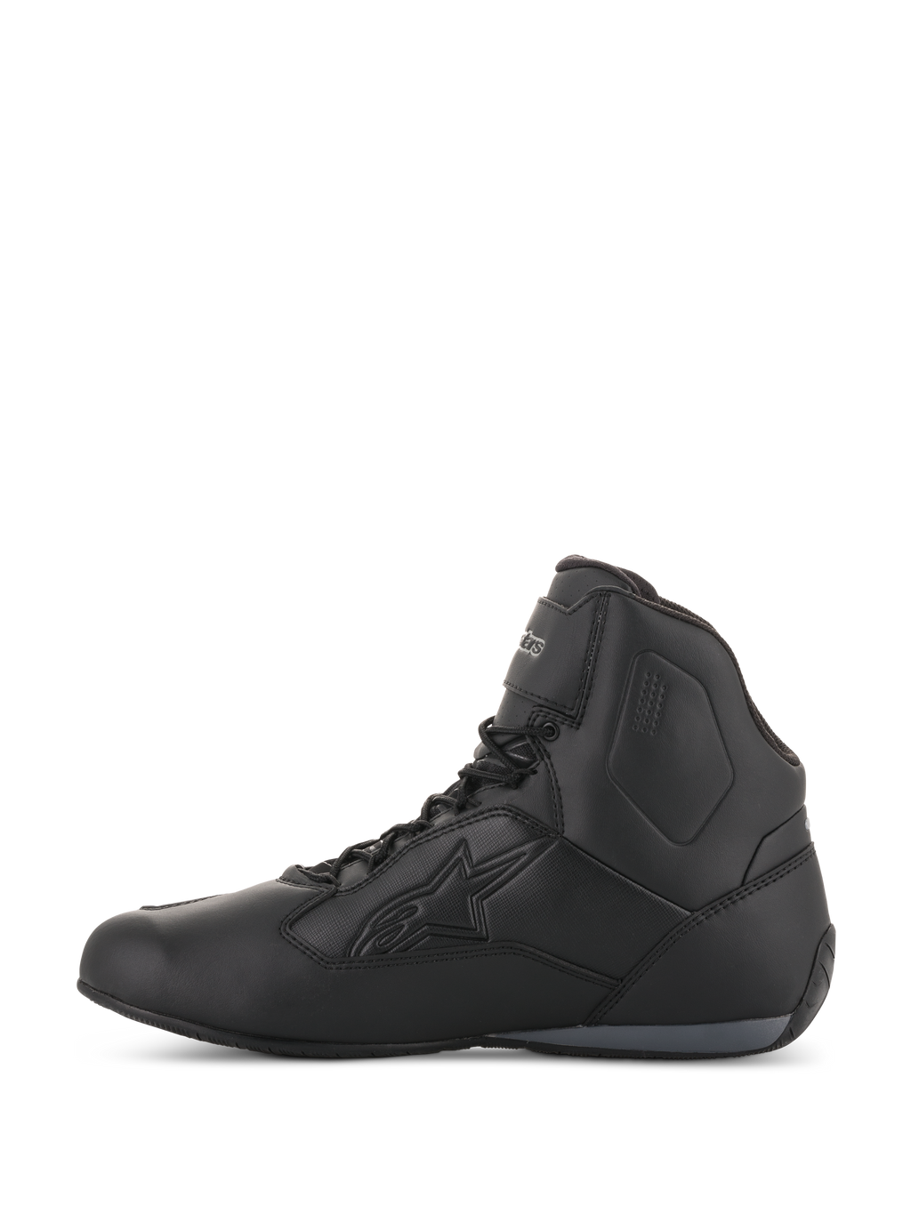 Damskie buty Alpinestars Stella Faster-3 Drystar®, czarne i ciemnoszare, wodoodporne buty motocyklowe, widok z boku przedstawiający trwałą konstrukcję z mikrofibry, sznurowane zapięcie z paskiem na kostkę oraz tłoczone logo Alpinestars