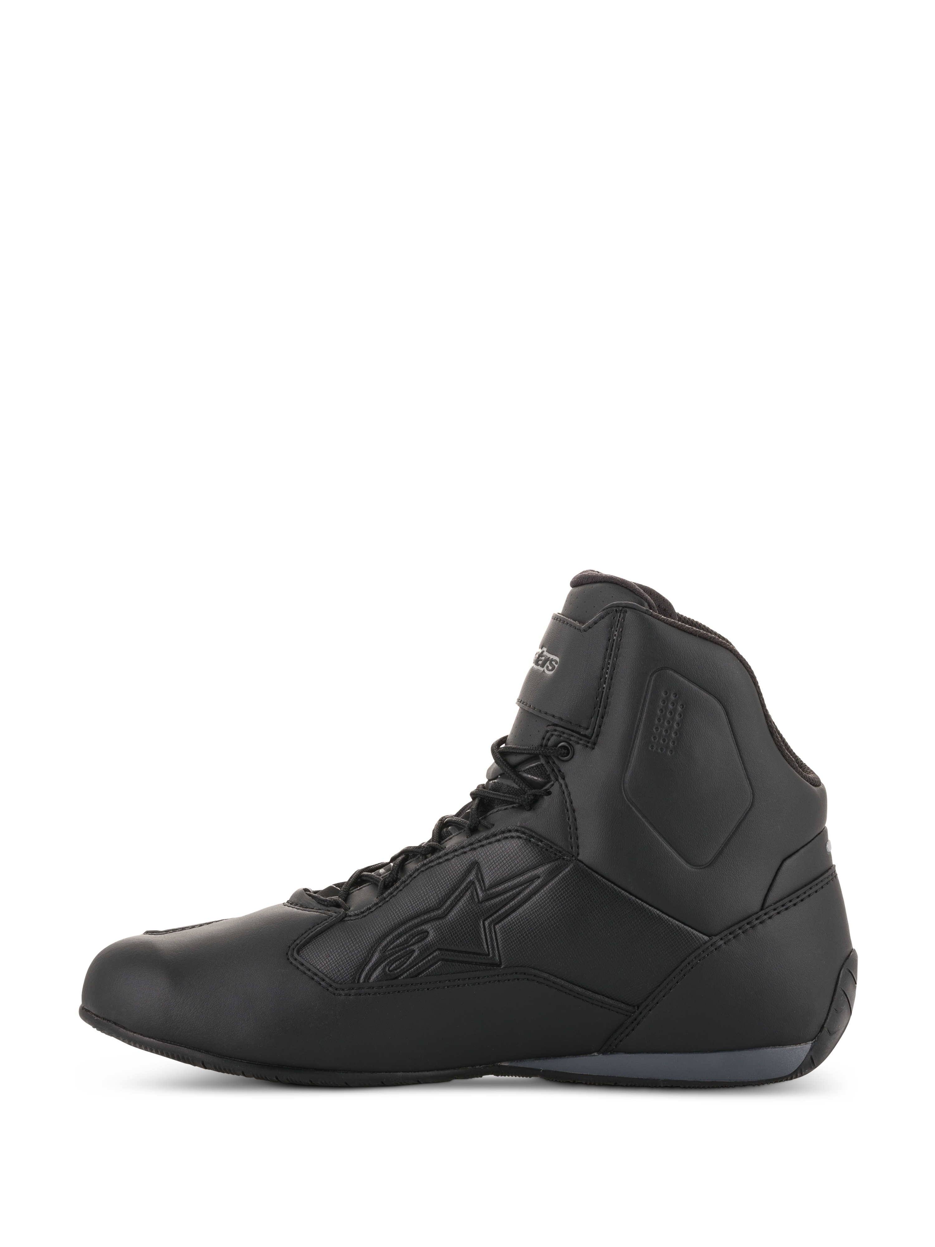Damskie buty Alpinestars Stella Faster-3 Drystar®, czarne i ciemnoszare, wodoodporne buty motocyklowe, widok z boku przedstawiający trwałą konstrukcję z mikrofibry, sznurowane zapięcie z paskiem na kostkę oraz tłoczone logo Alpinestars
