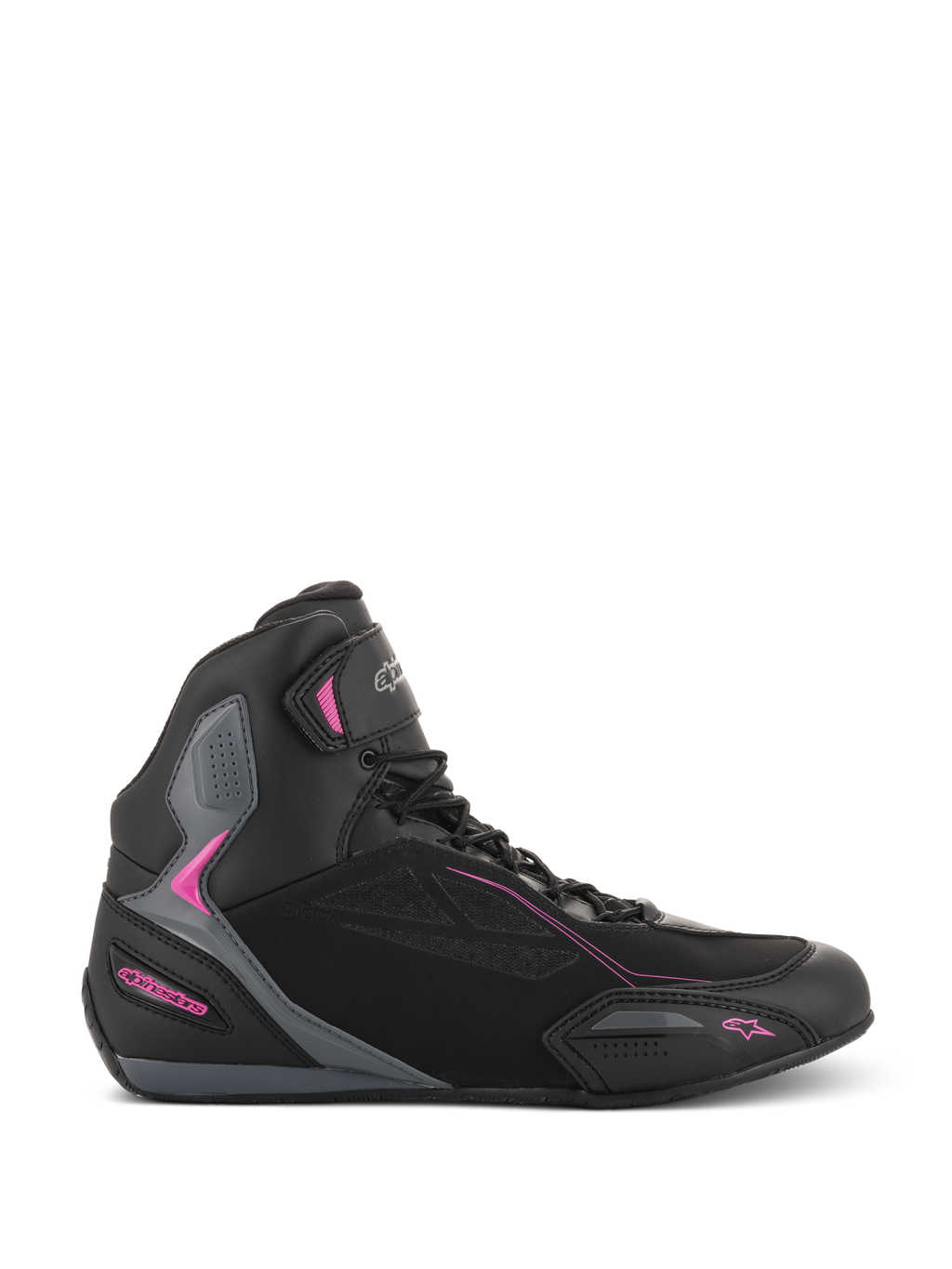 Alpinestars Stella Faster-3 Drystar, damskie buty motocyklowe typu sneakers, czarne z ciemnoszarymi i różowymi akcentami fuksja, profil boczny ukazujący wysoką sylwetkę, sznurowane zapięcie z paskiem na rzep na kostce i wzmocnione panele ochronne