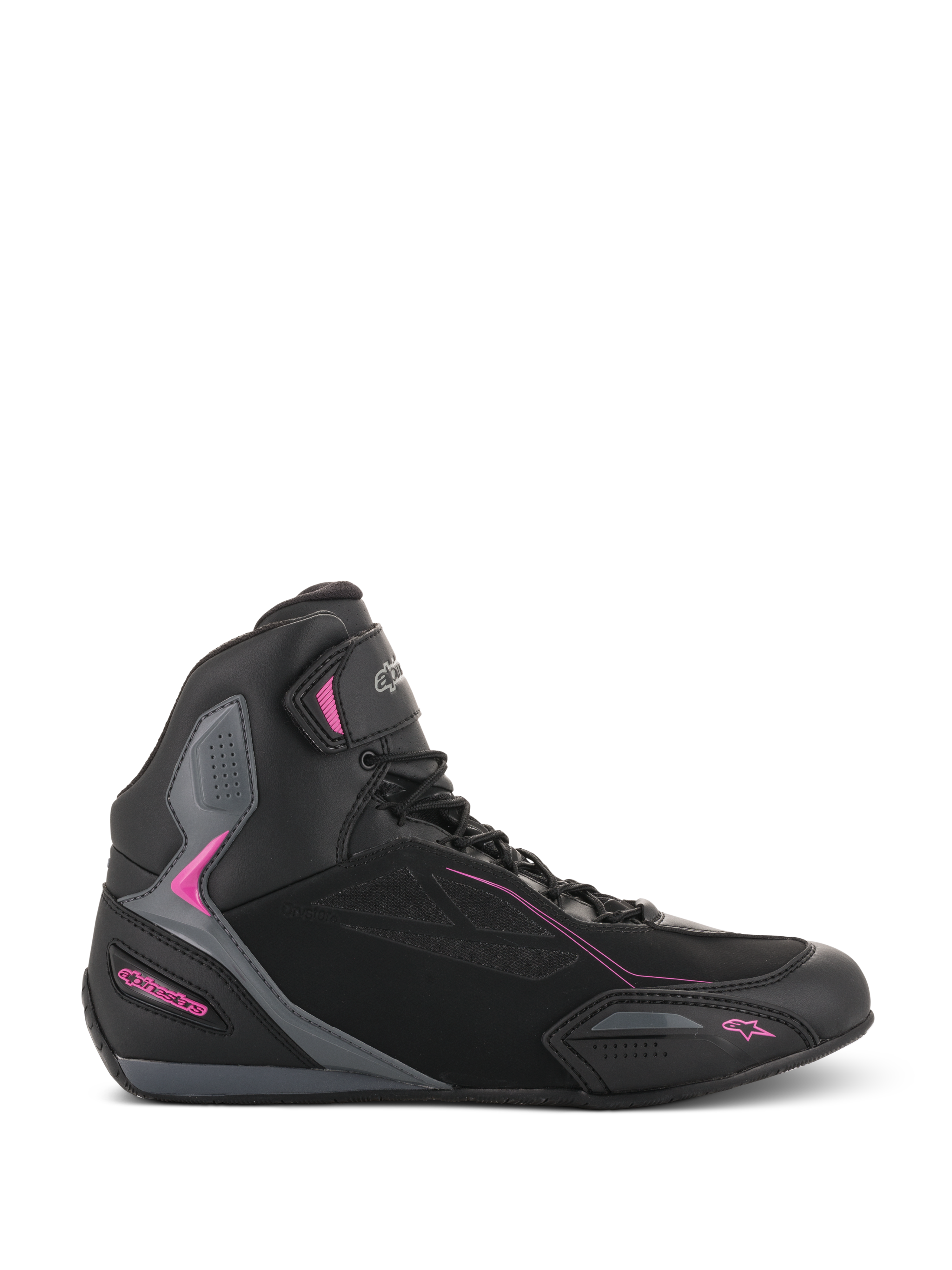 Alpinestars Stella Faster-3 Drystar, damskie buty motocyklowe typu sneakers, czarne z ciemnoszarymi i różowymi akcentami fuksja, profil boczny ukazujący wysoką sylwetkę, sznurowane zapięcie z paskiem na rzep na kostce i wzmocnione panele ochronne